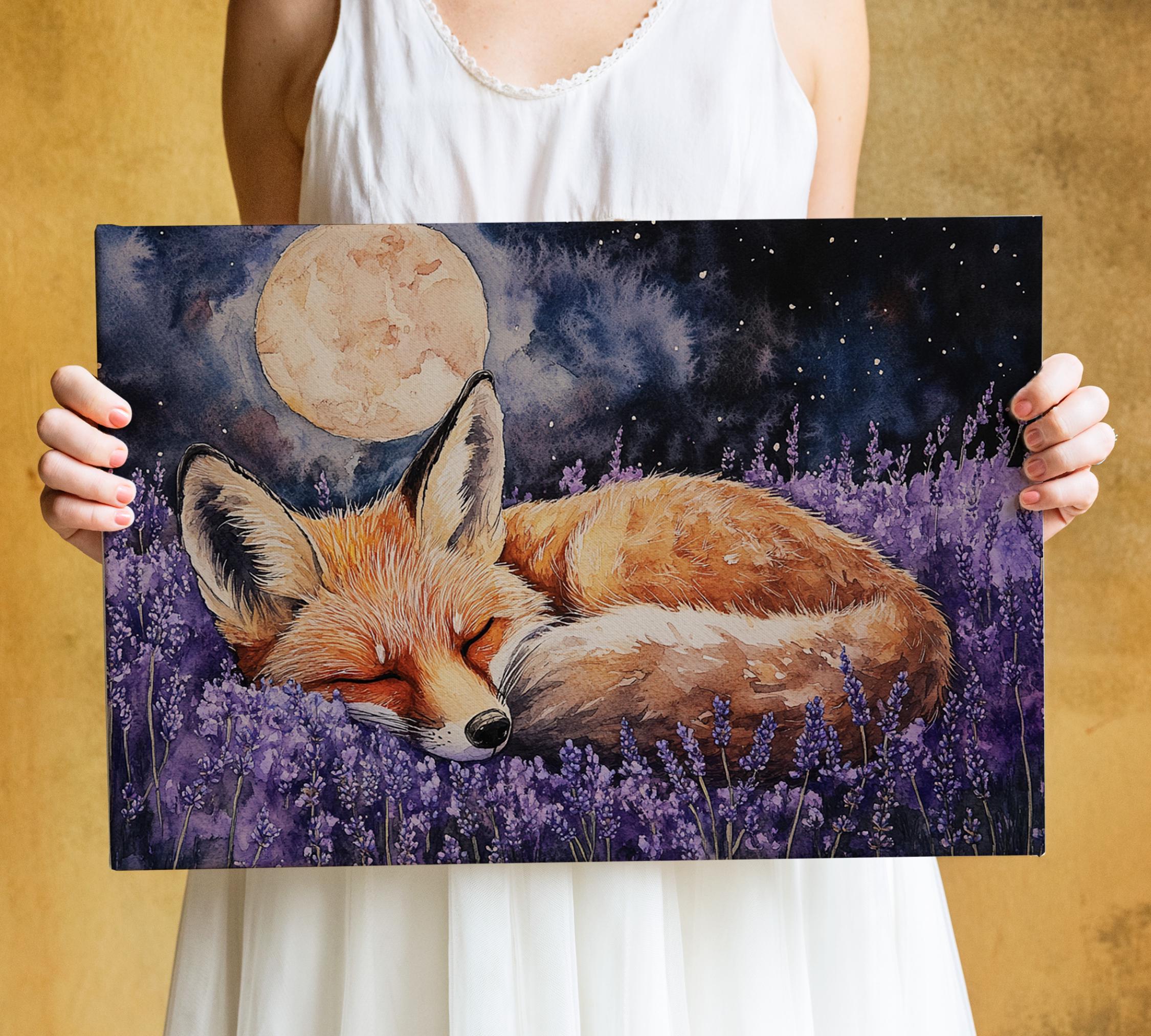 A person is holding a framed painting depicting a sleeping fox in a field of purple flowers, with a full moon in the background.