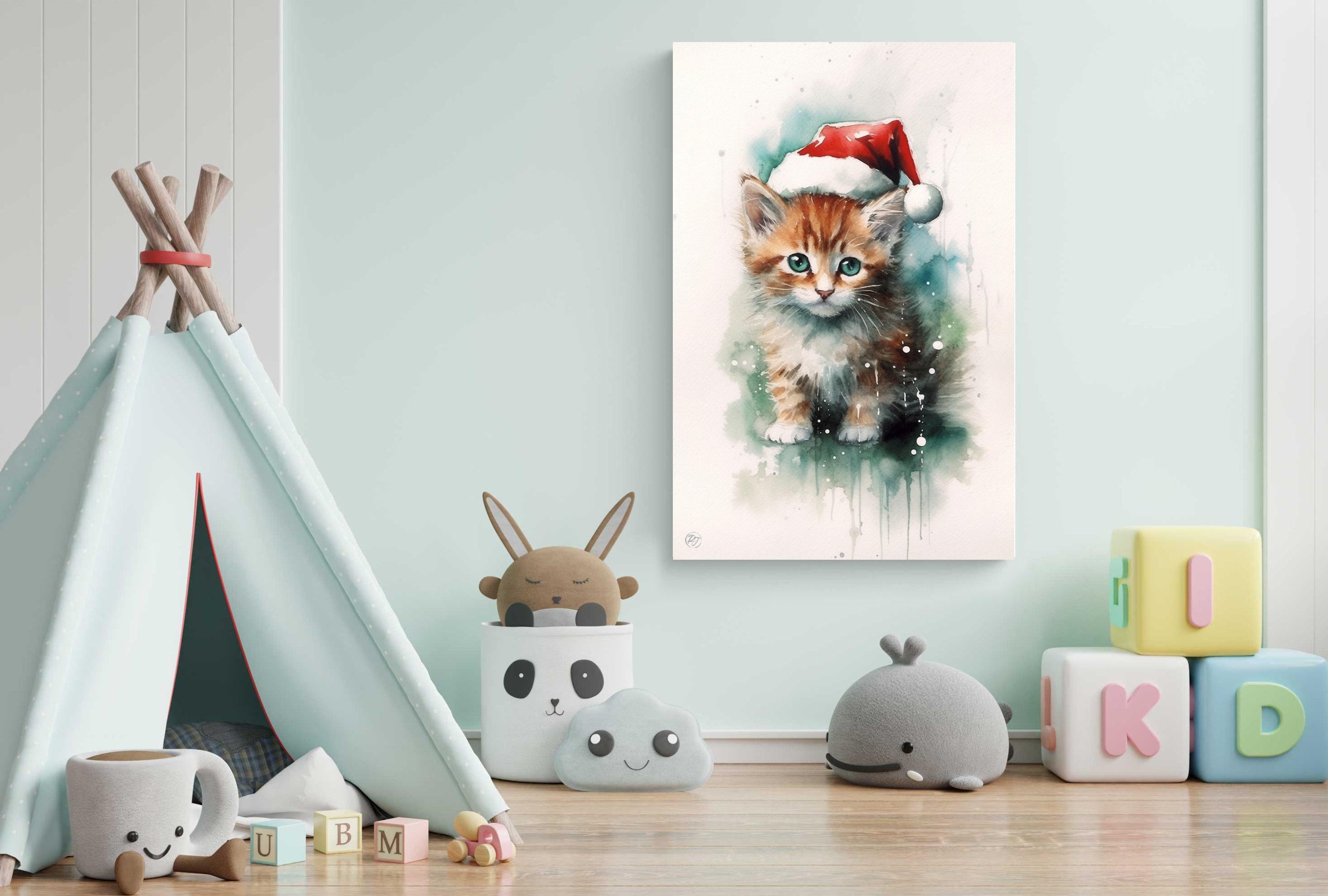 Festive Kitten in Santa Hat Watercolor Art Print, Giclee Print on Canvas, Artist Paper, Watercolor Paper, Available in Extra Large Sizes