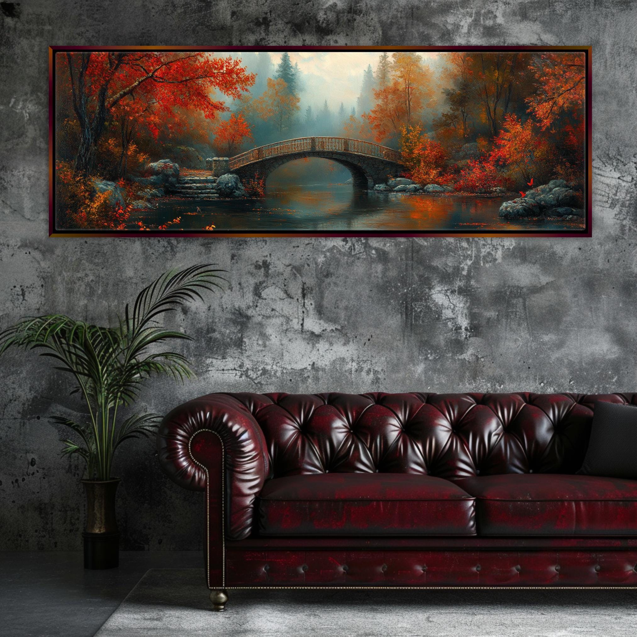 Autumn Countryside Canvas - Extra Large Framed Cozy Fall Wall Art, Panoramic Gallery Wrapped