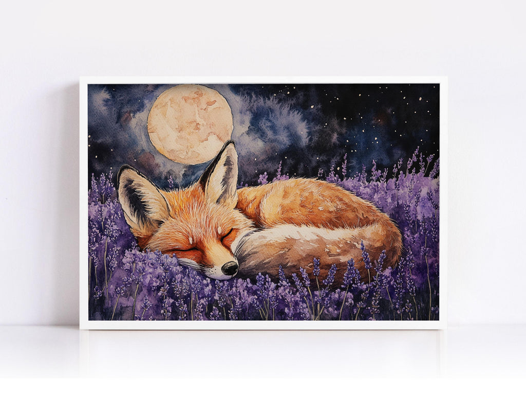 A painting depicting a sleeping fox in a field of purple flowers, with a full moon in the night sky.