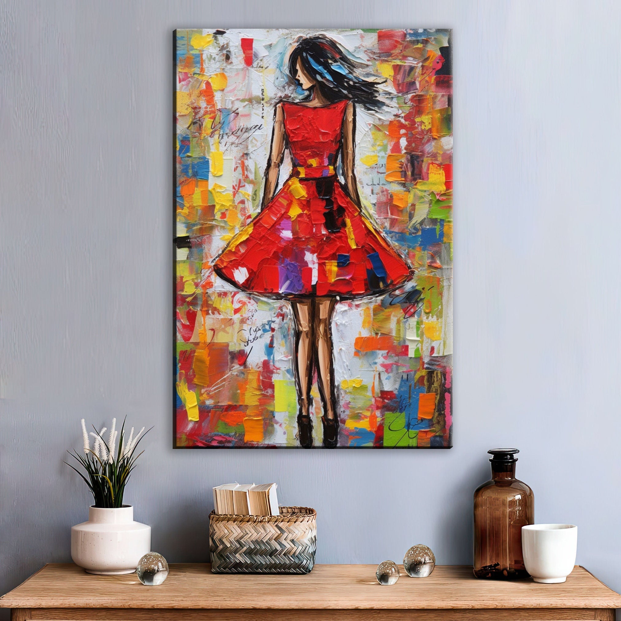 Red Dress Wall Art – Elegant Feminine Canvas Print with Impasto Painting