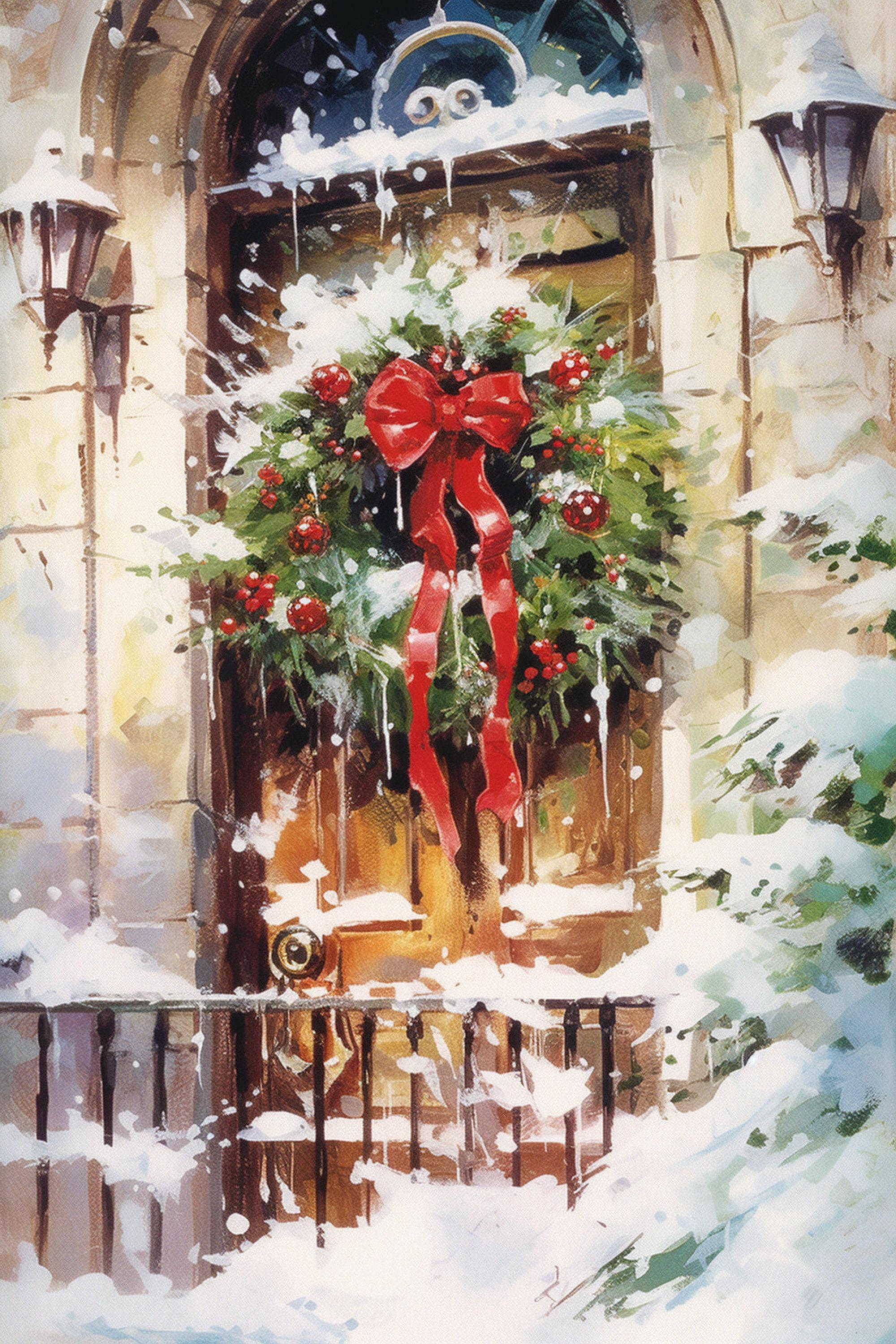 Watercolor Christmas Wreath Painting - Holiday Art, Giclee Print on Canvas, Artist Paper, Watercolor Paper, Available in Extra Large Sizes