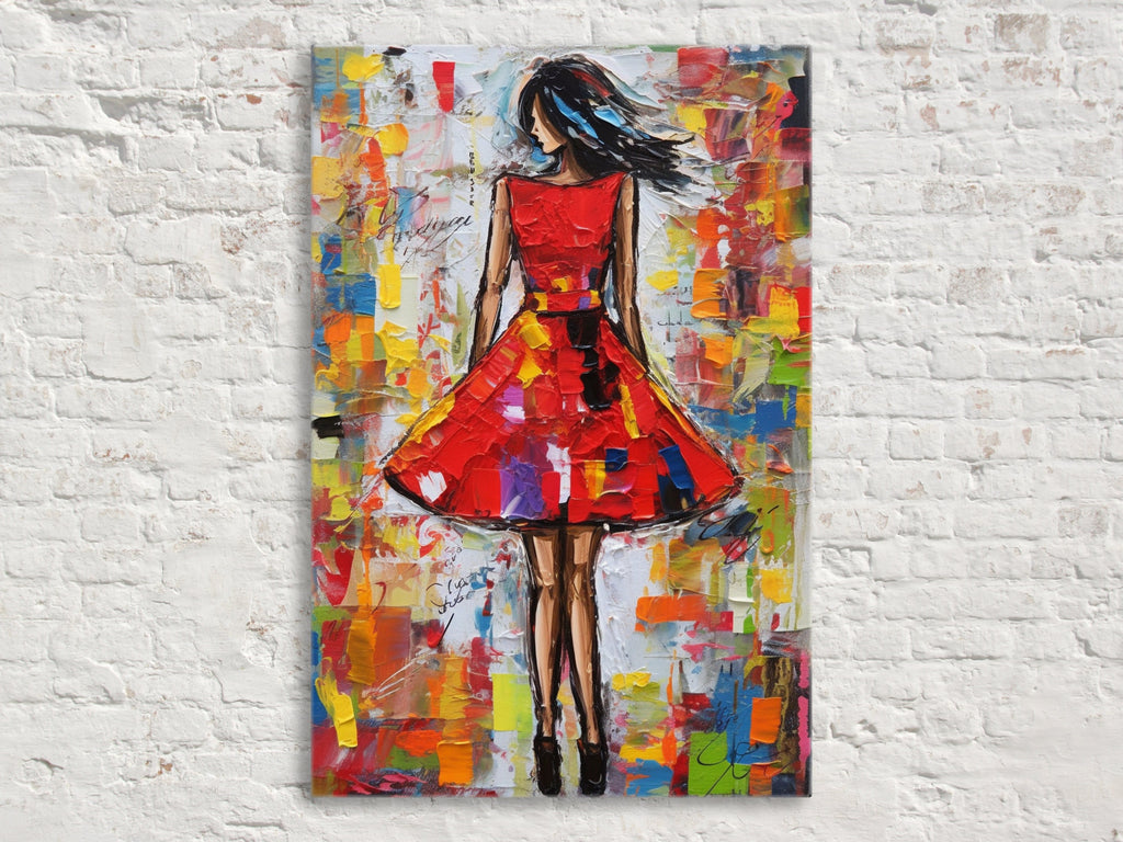 Red Dress Wall Art – Elegant Feminine Canvas Print with Impasto Painting