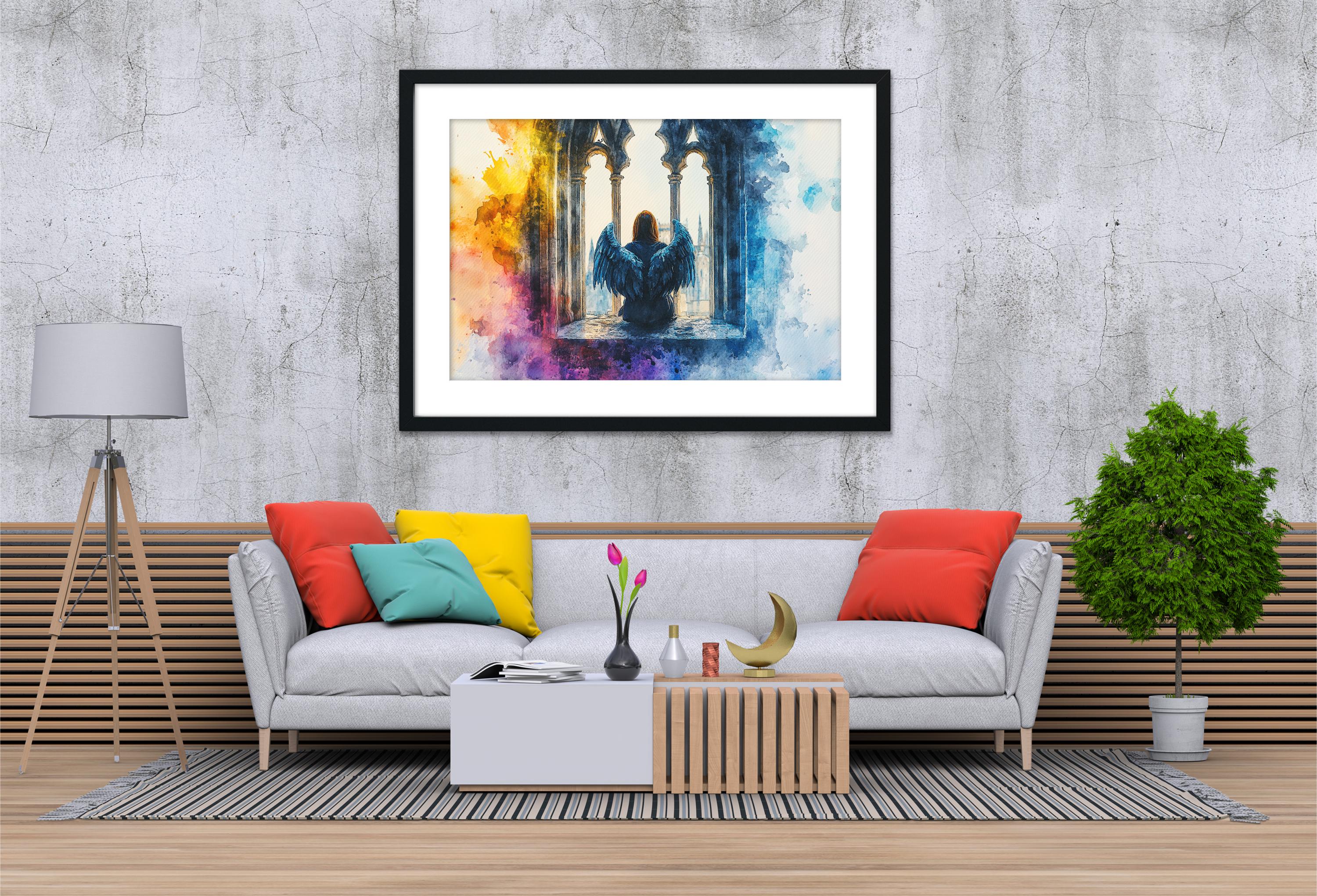 a modern living room with a gray sofa, a wooden coffee table, and a framed painting of a person with wings hanging on the wall.