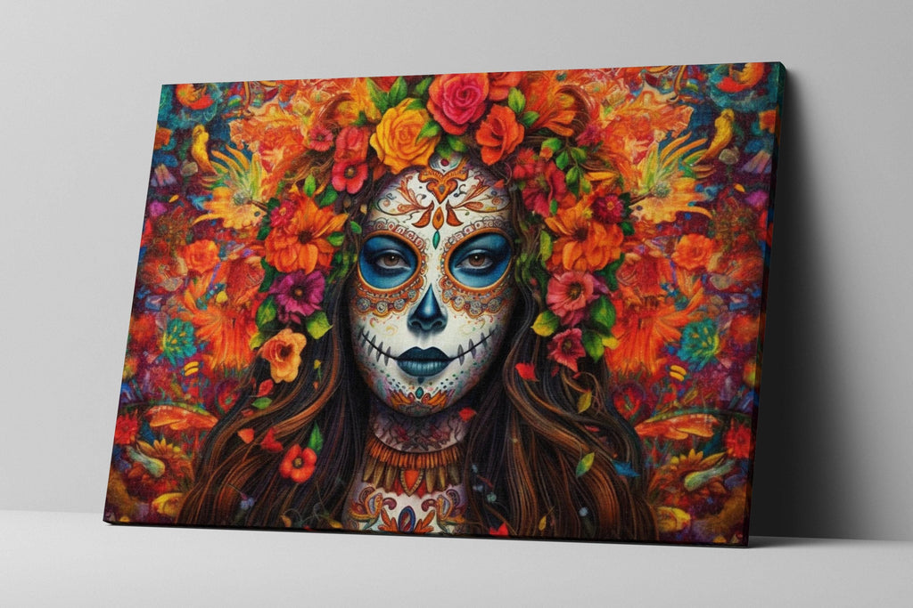 A colorful and intricate painting depicting a woman's face with a skull-like design, surrounded by a vibrant floral arrangement.