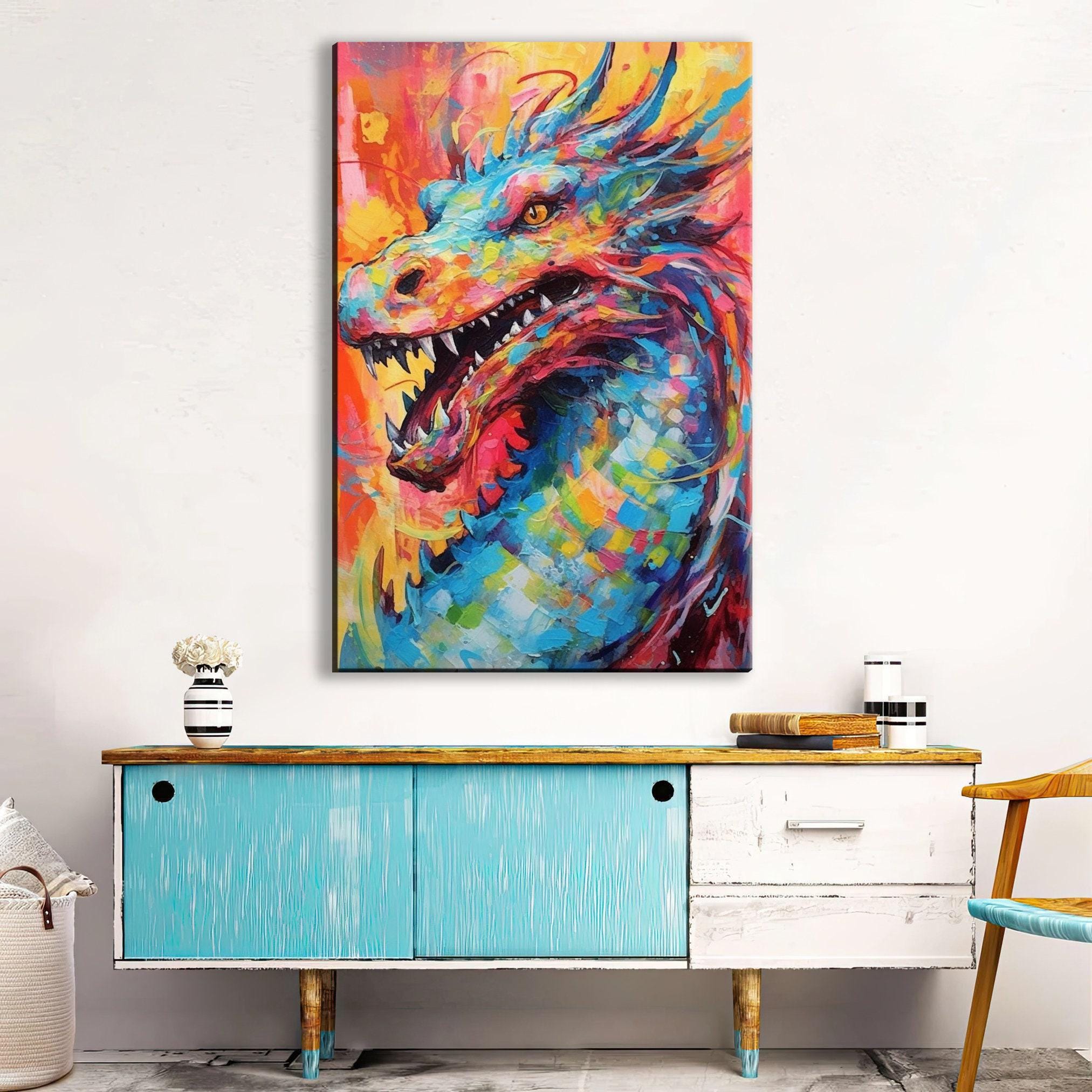 Dragon Canvas Art - Large Pop Art Painting on Gallery Ready Canvas for Fantasy Wall Decor