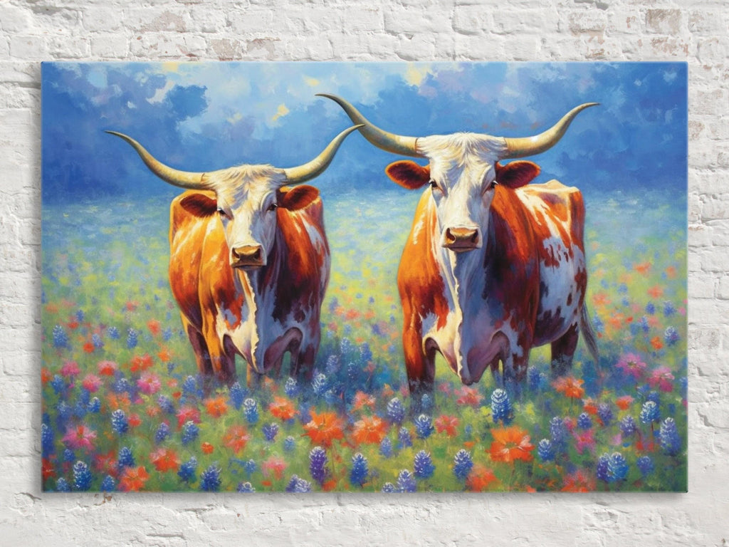 Texas Longhorn Canvas Art - Bluebonnet Painting | Large Western Wall Art Decor