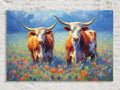 Texas Longhorn Canvas Art - Bluebonnet Painting | Large Western Wall Art Decor