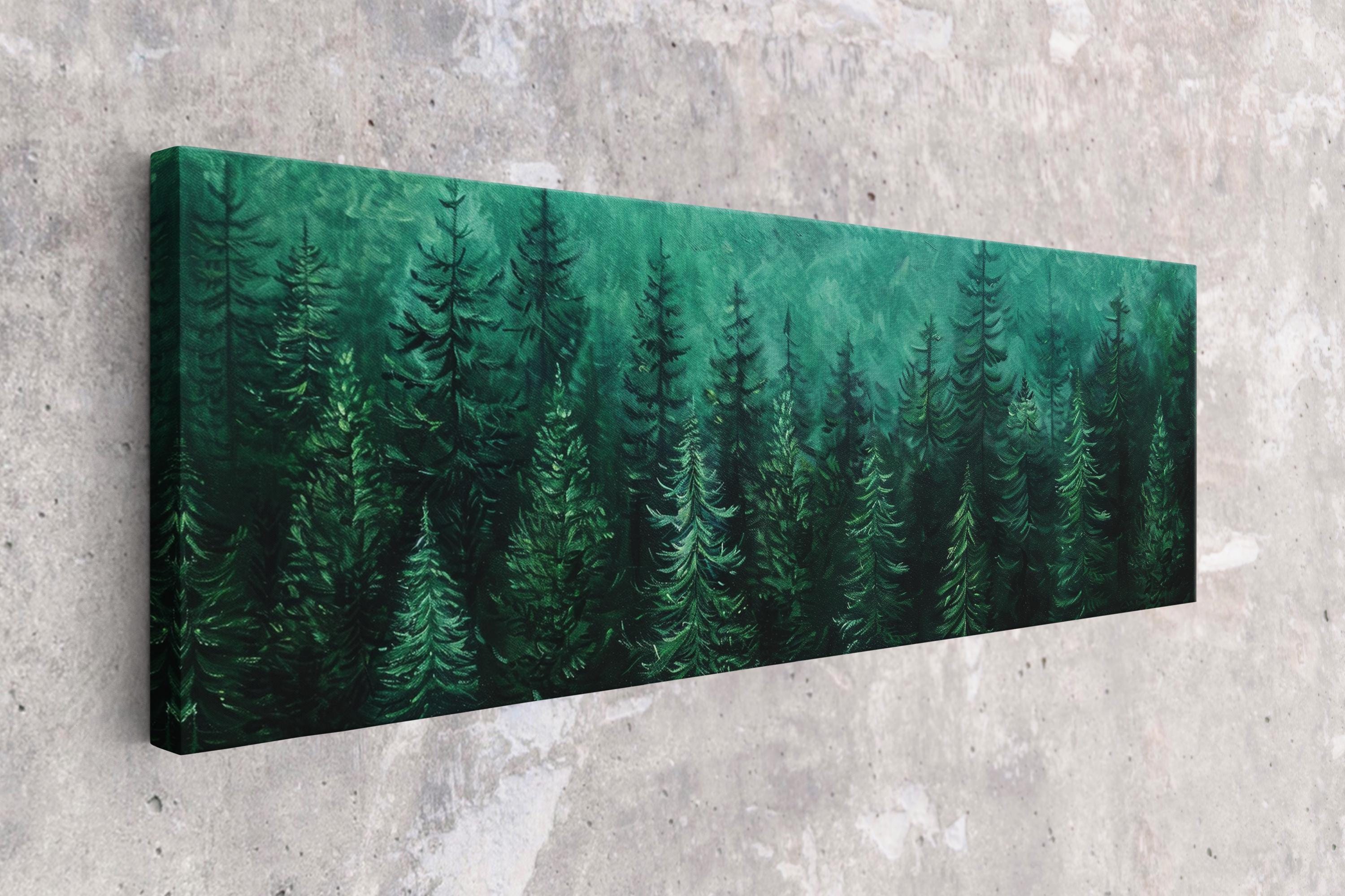 a painting of a forest with green trees
