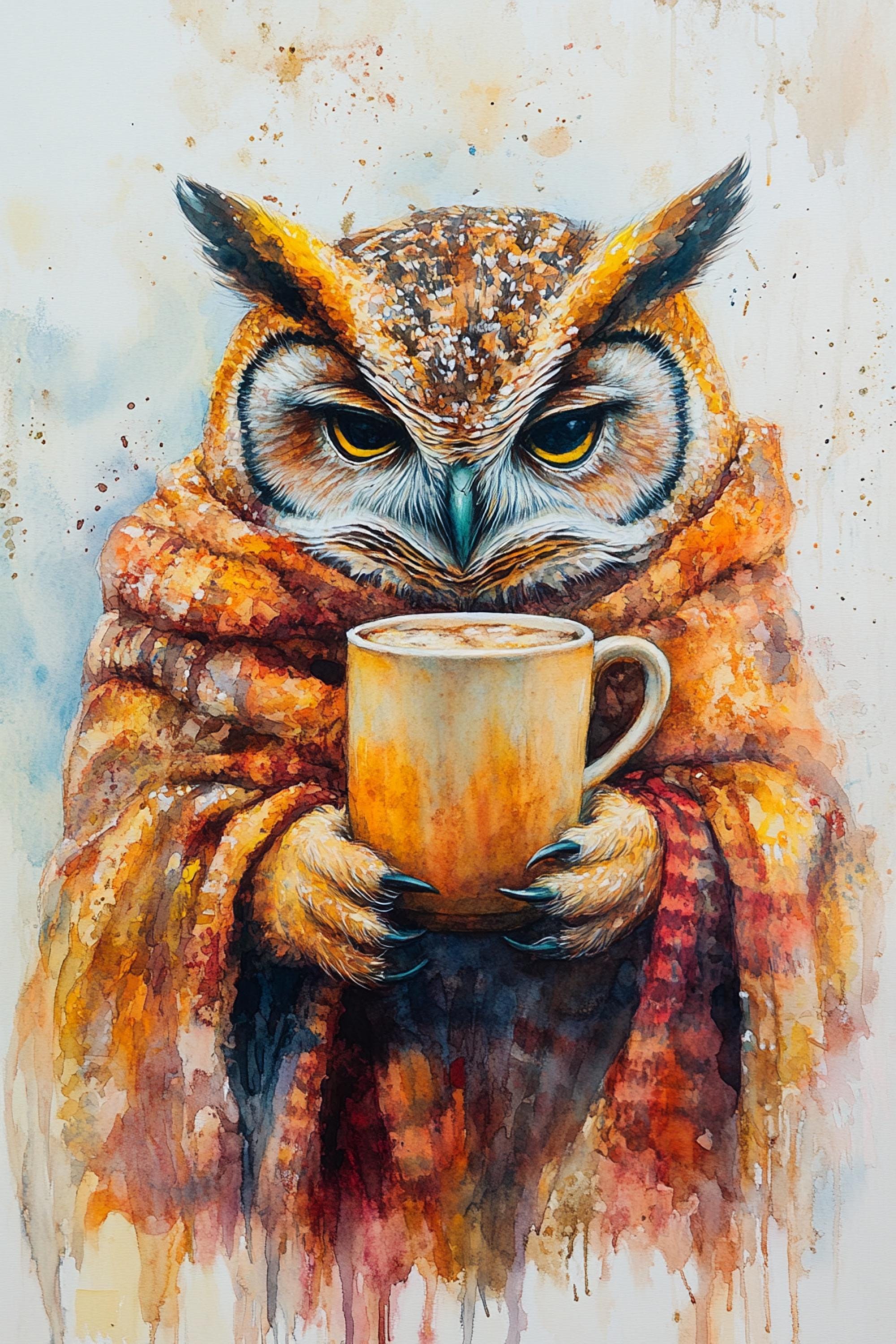 An owl wrapped in a blanket holds a cup of coffee, with a warm and cozy atmosphere.