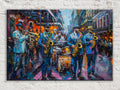 The image is a vibrant painting depicting a lively street scene with a group of musicians playing various instruments, including saxophones, drums, and trumpets.