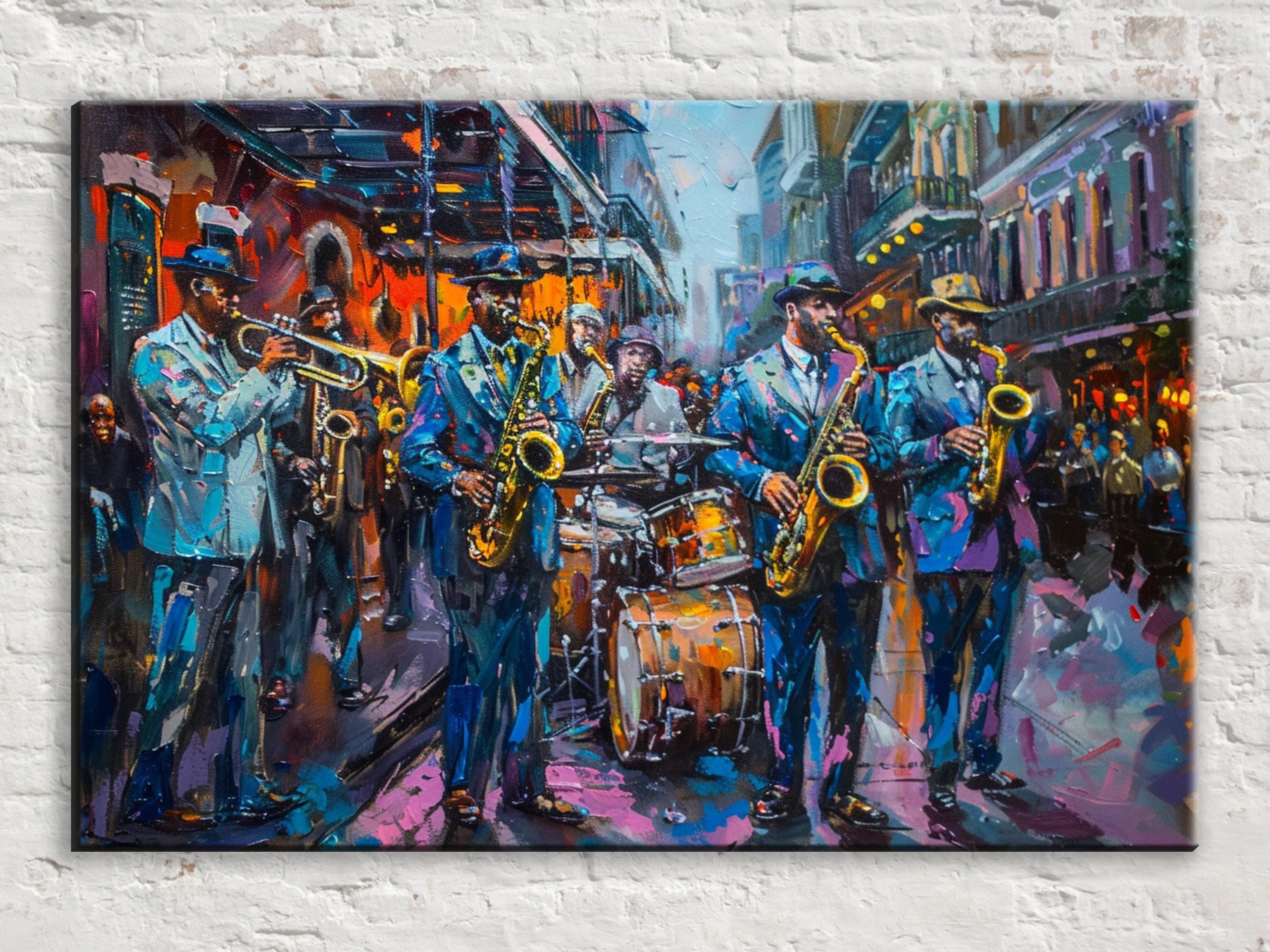 The image is a vibrant painting depicting a lively street scene with a group of musicians playing various instruments, including saxophones, drums, and trumpets.