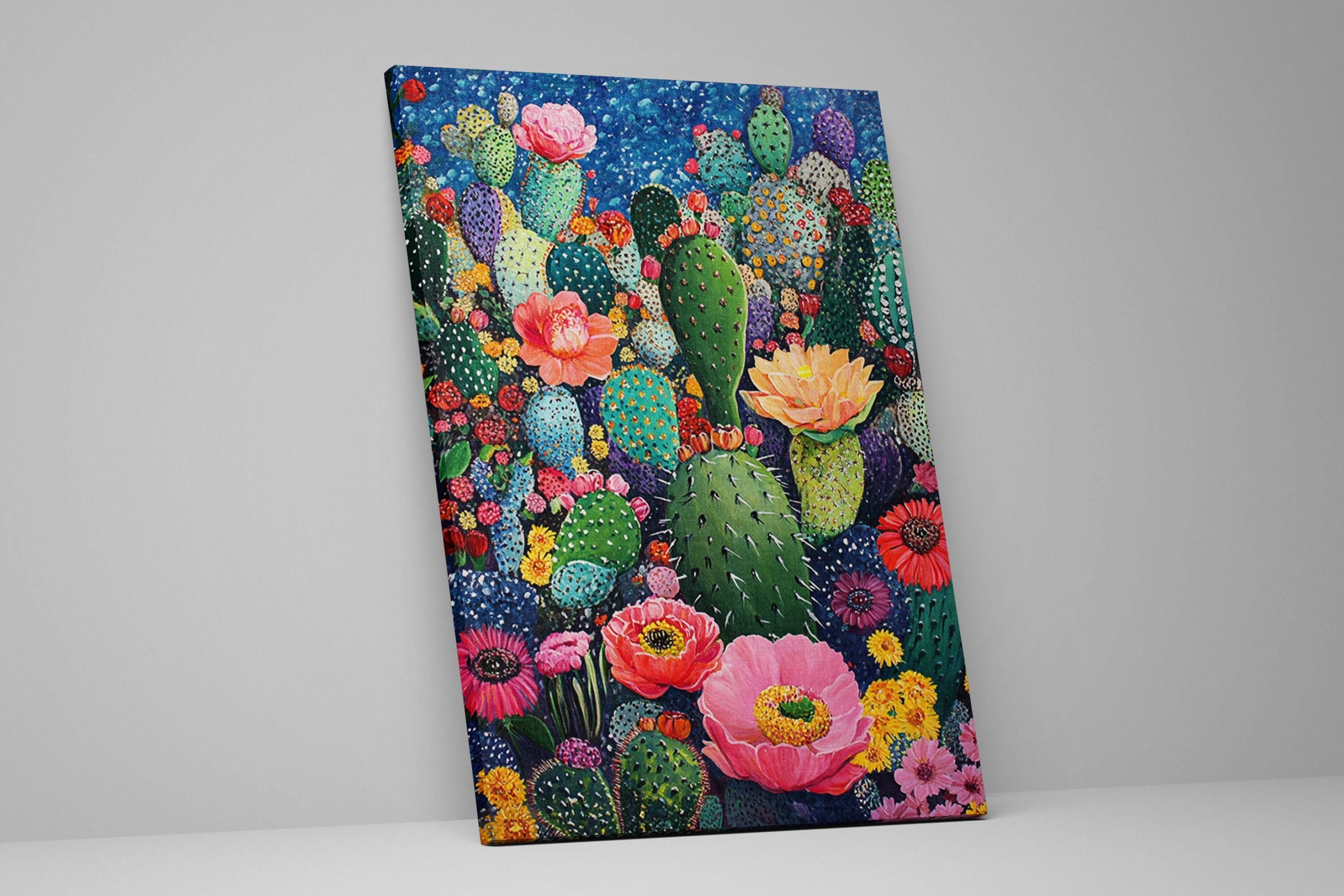 a painting of a cactus and flowers on a wall