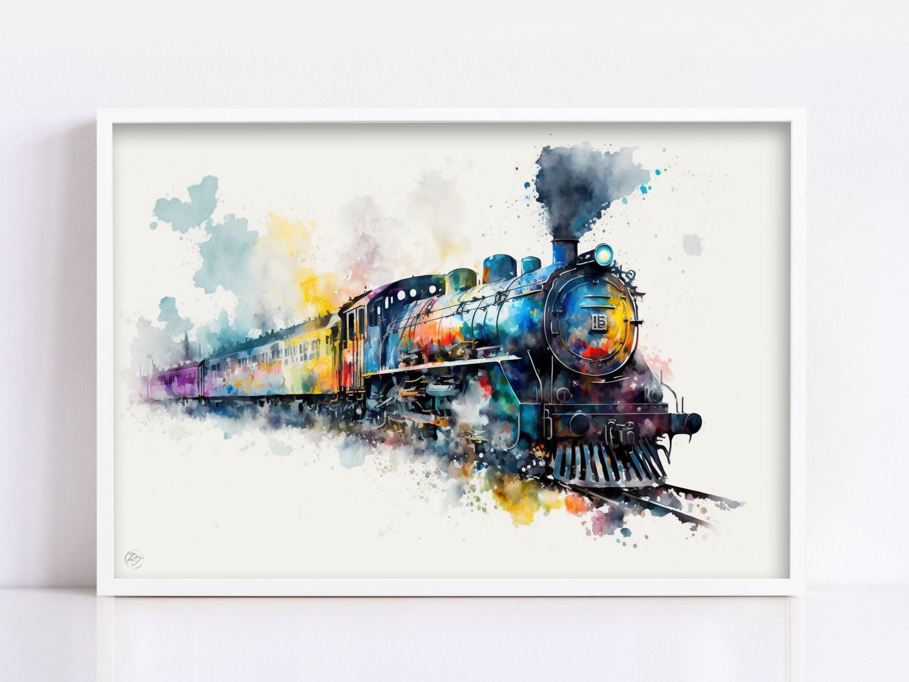 Vintage Locomotive: Watercolor Train Wall Art Print, Giclee Print on Canvas, Artist Paper, Watercolor Paper, Available in Extra Large Sizes