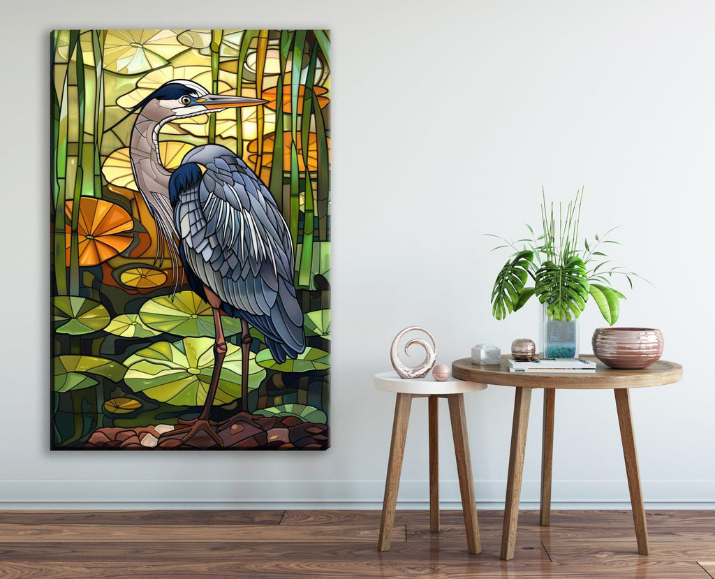 Blue Heron Canvas Art - Large Gallery Wrapped Stained Glass Style Print, Ready to Hang