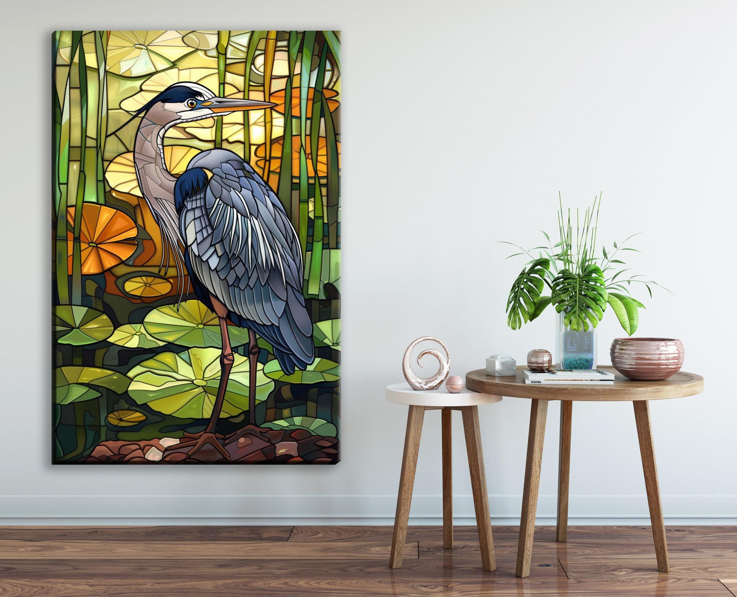 Blue Heron Canvas Art - Large Gallery Wrapped Stained Glass Style Print, Ready to Hang