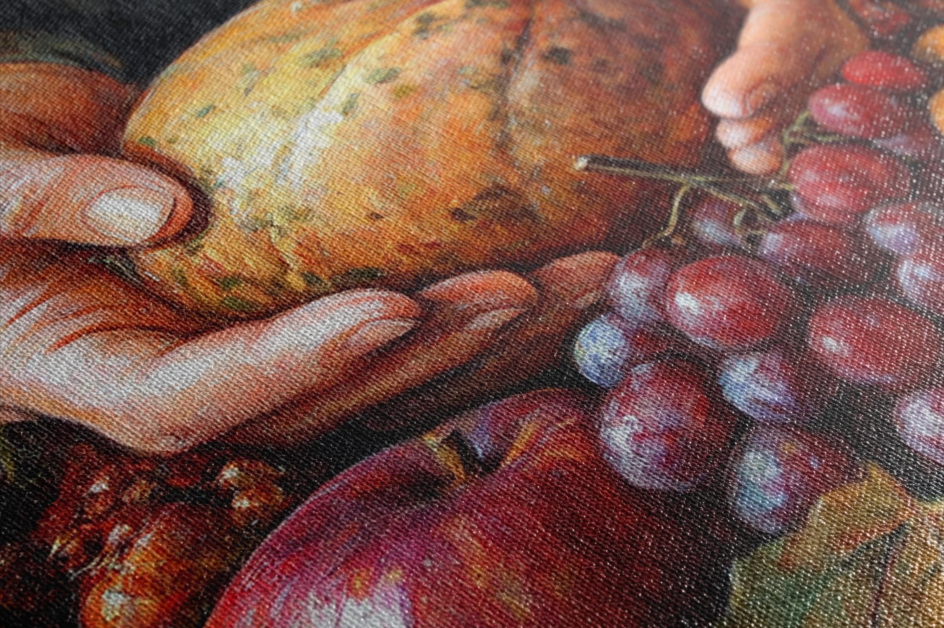 A close-up of a hand holding a variety of fruits, including grapes, an apple, and a pumpkin.