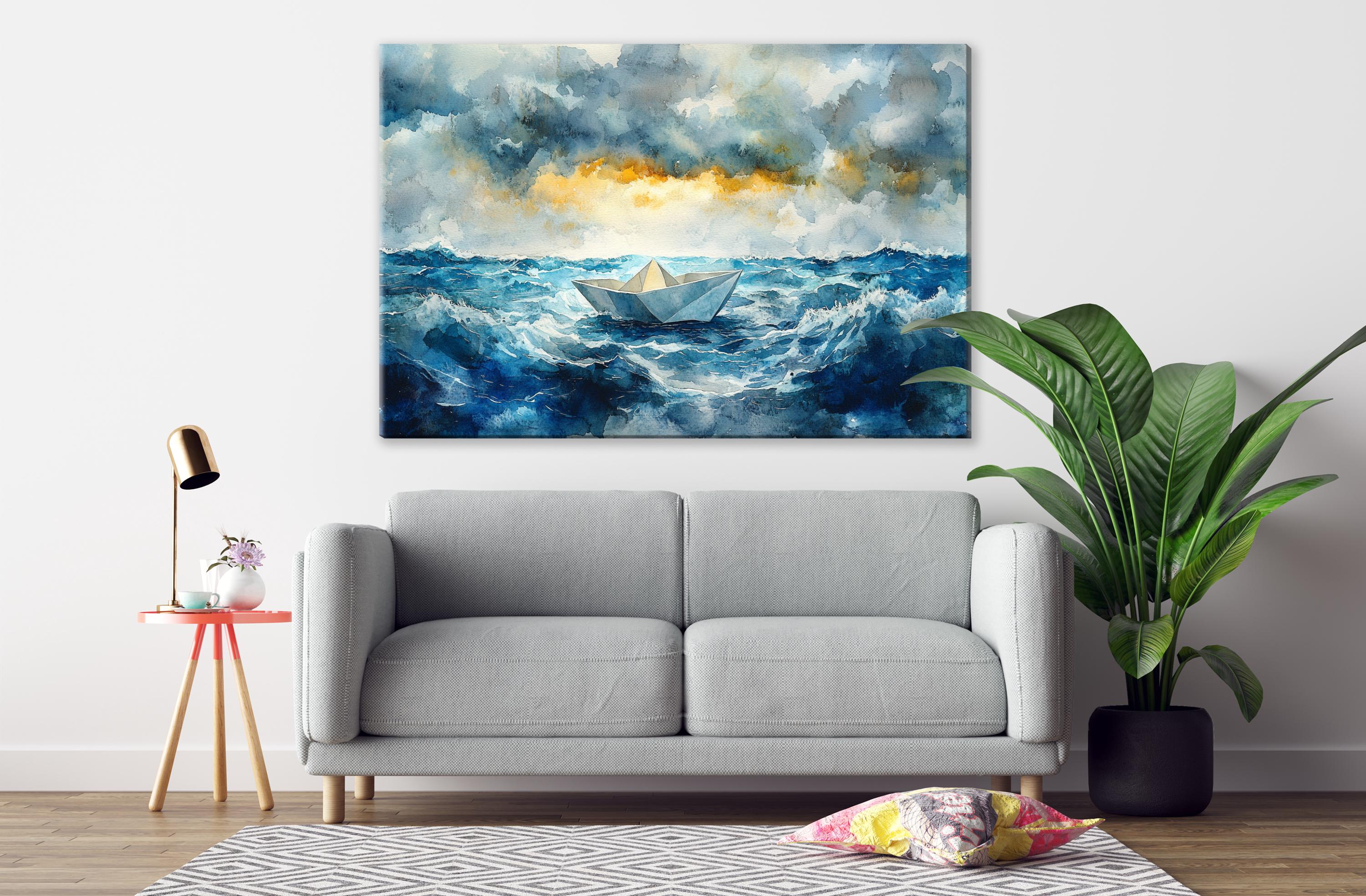 a gray sofa, a potted plant, a lamp, and a painting of a boat on the ocean.