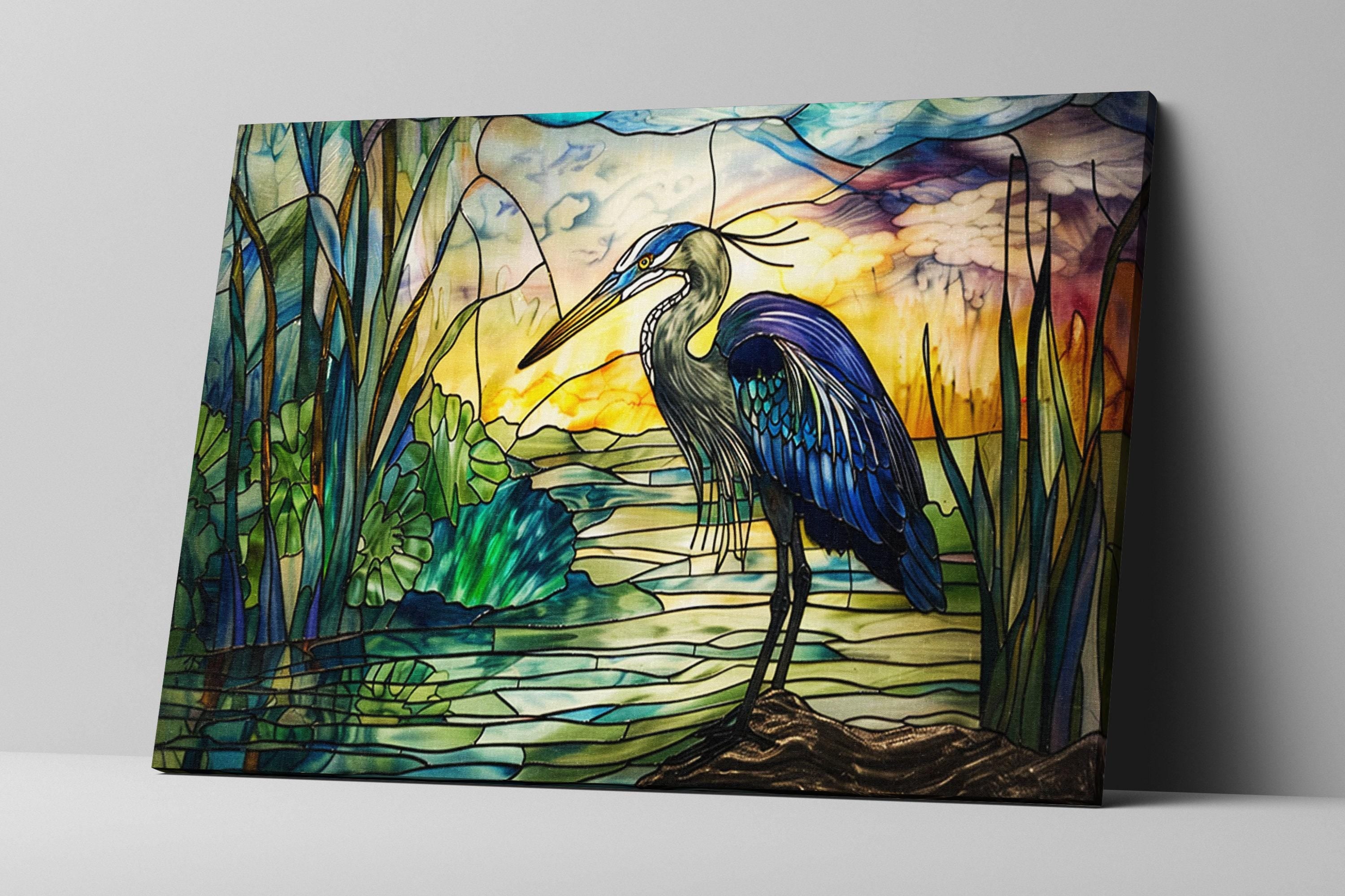 Blue Heron Wall Art - Large Stained Glass Canvas Print | Coastal Home Decor