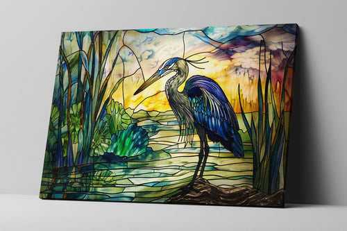 Blue Heron Wall Art - Large Stained Glass Canvas Print | Coastal Home Decor
