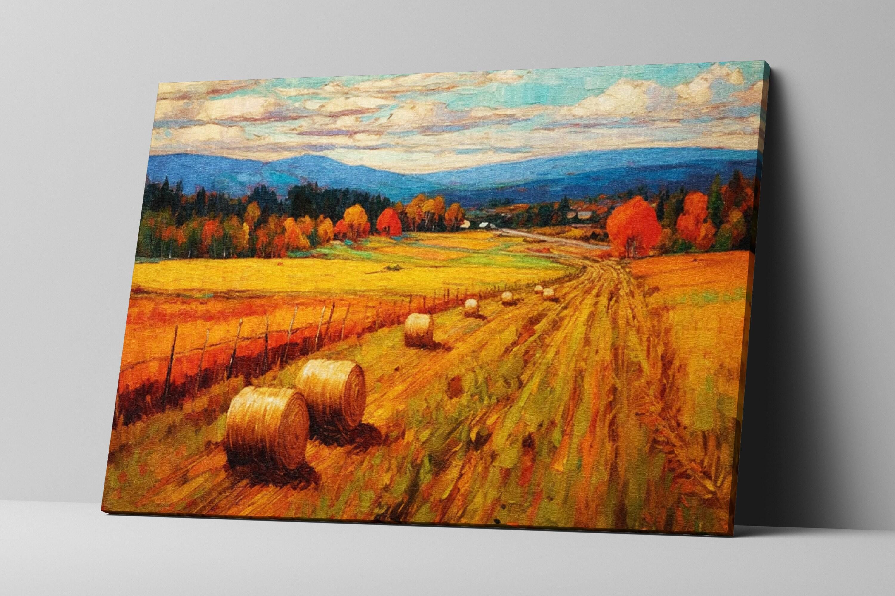 Rural Canvas Wall Art – Large Canvas Art with Hay Bale Painting, Rustic Home Decor