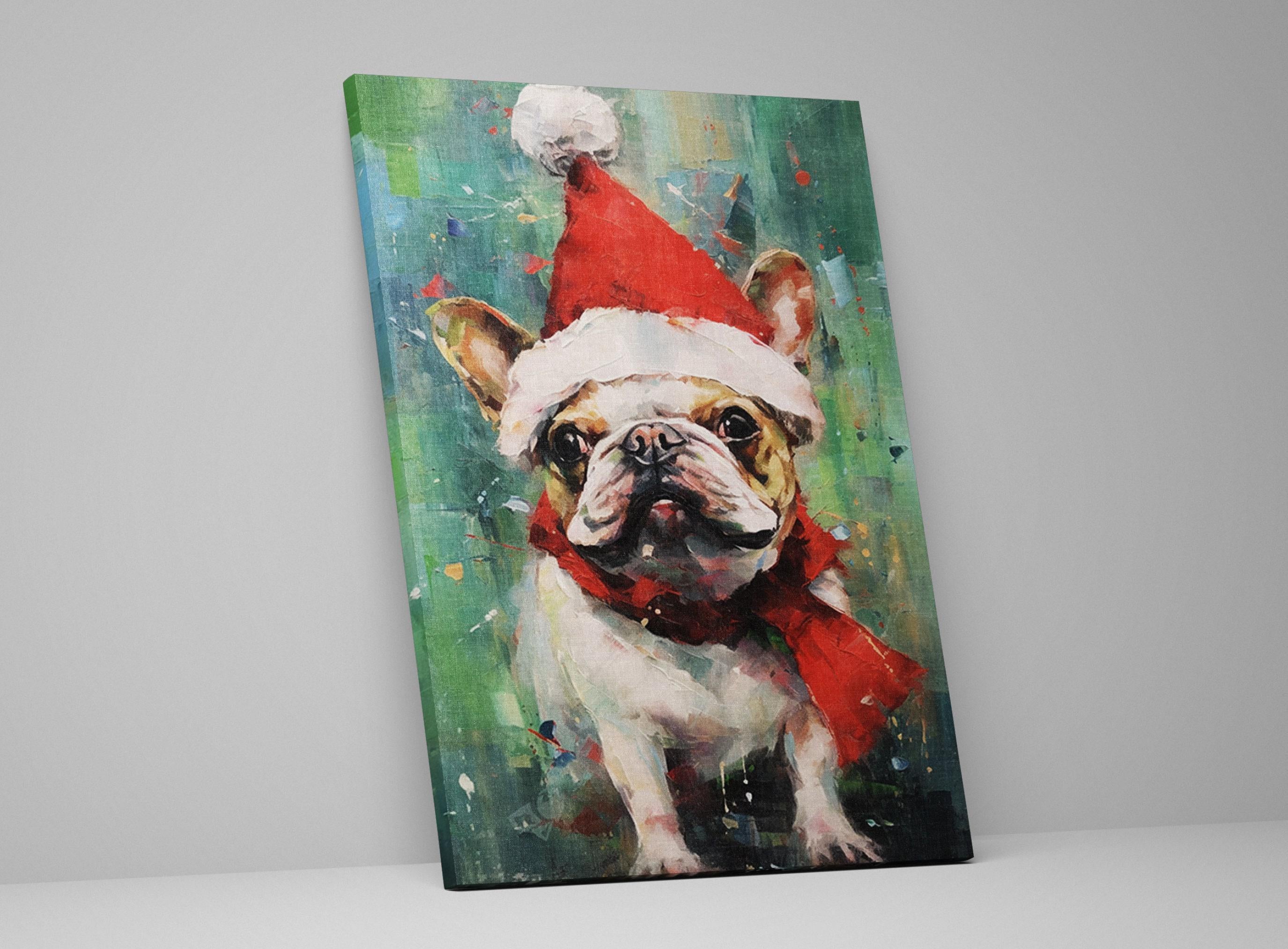 French Bulldog Christmas Art – Festive Dog Painting on Extra Large Gallery Wrapped Canvas