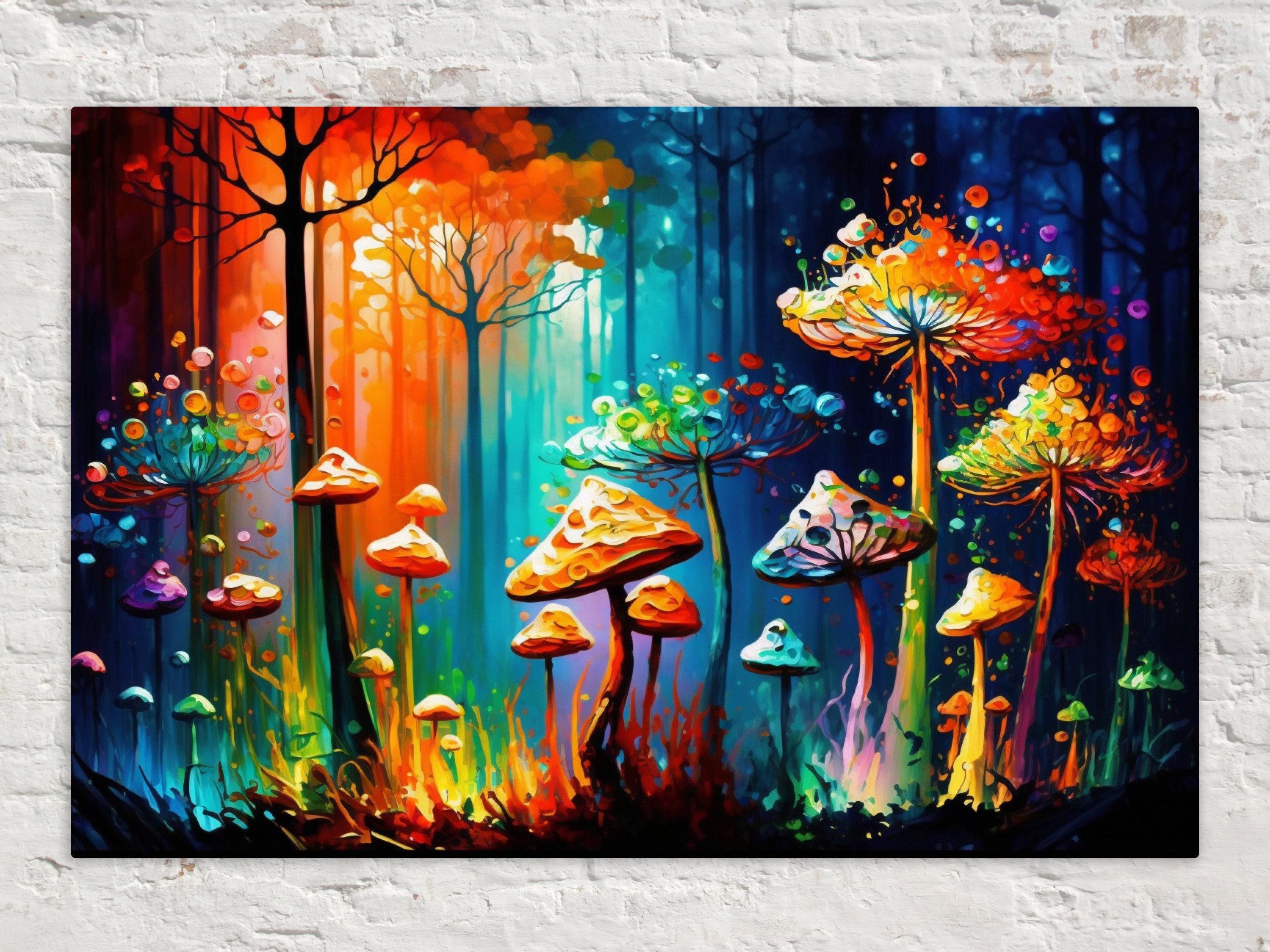 Psychedelic Mushroom Art - Magic Mushrooms Canvas | Glowing Trip Painting Print