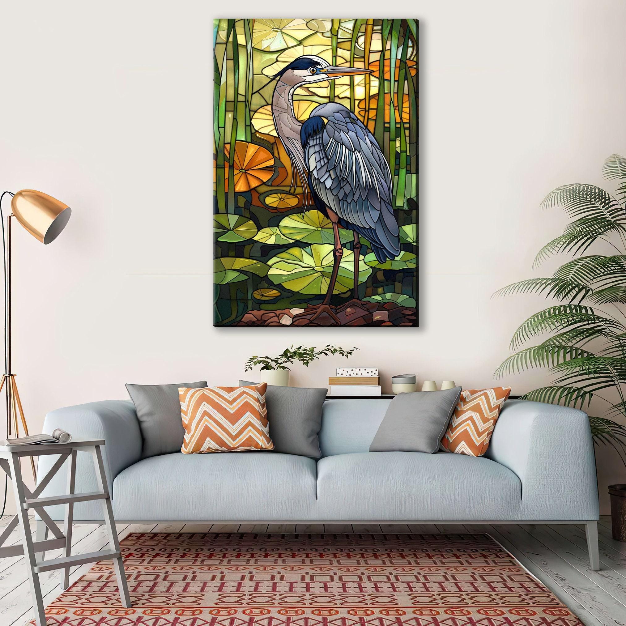 Blue Heron Canvas Art - Large Gallery Wrapped Stained Glass Style Print, Ready to Hang