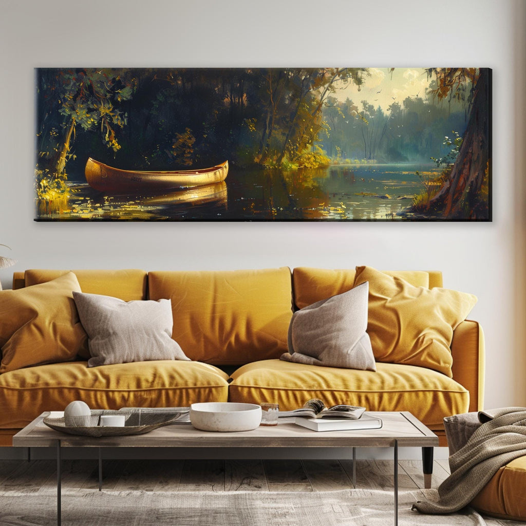 a living room with a yellow couch and a painting