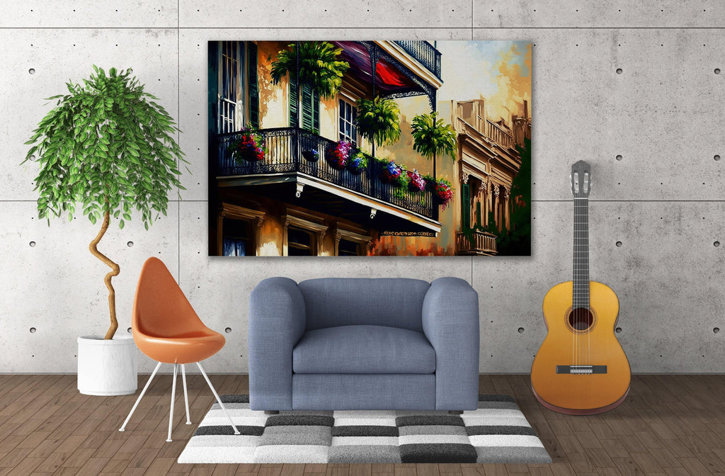 New Orleans Wall Art - French Quarter Painting | Vibrant NOLA Balcony Art Canvas