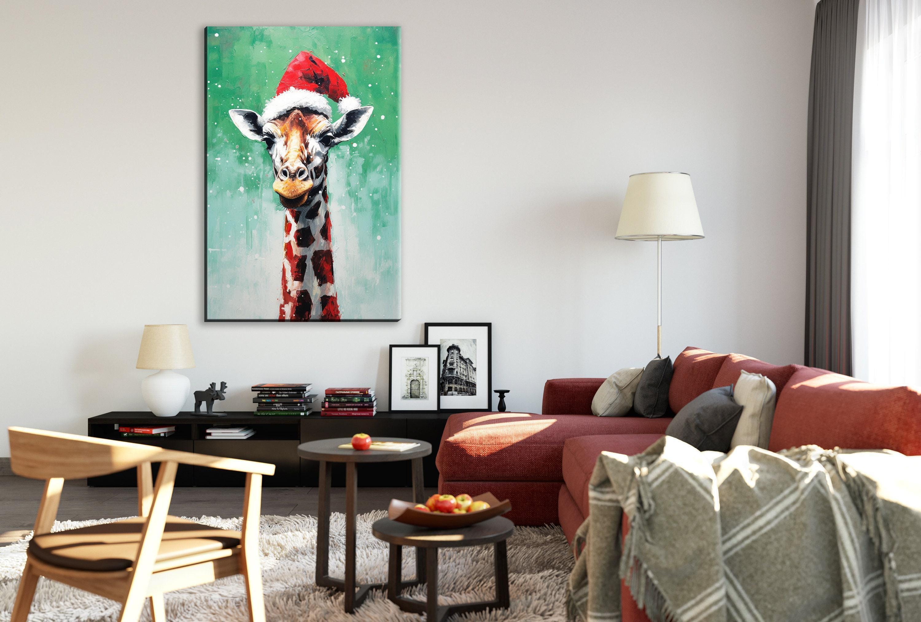 Holiday Giraffe Painting – Christmas Wall Art | Large Santa Hat Canvas Print