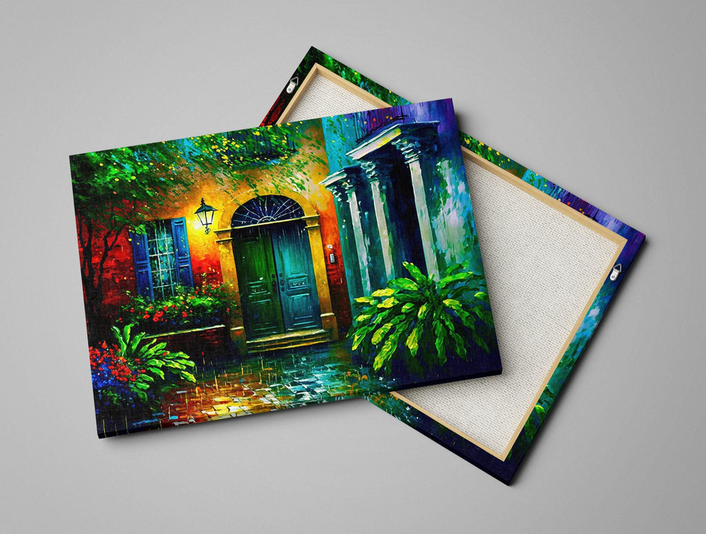The image is a vibrant painting depicting a colorful house with a green door, surrounded by lush greenery and flowers.