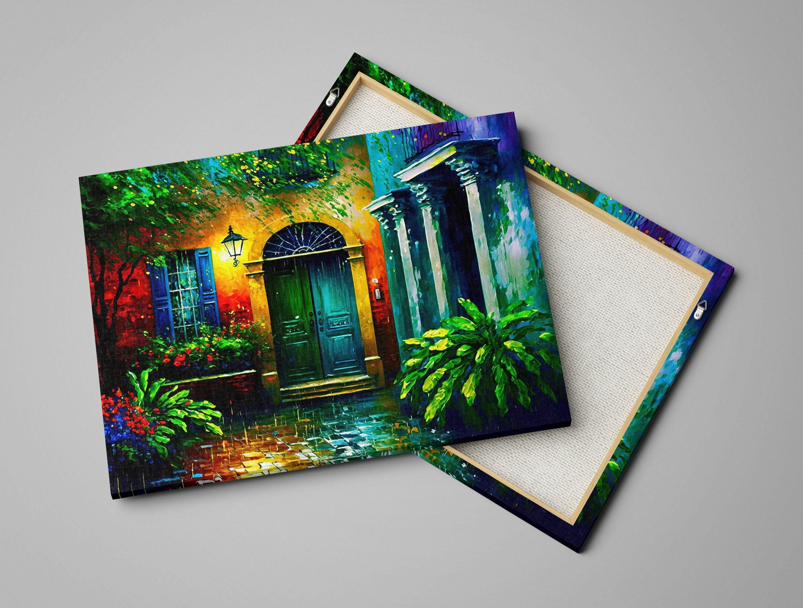The image is a vibrant painting depicting a colorful house with a green door, surrounded by lush greenery and flowers.