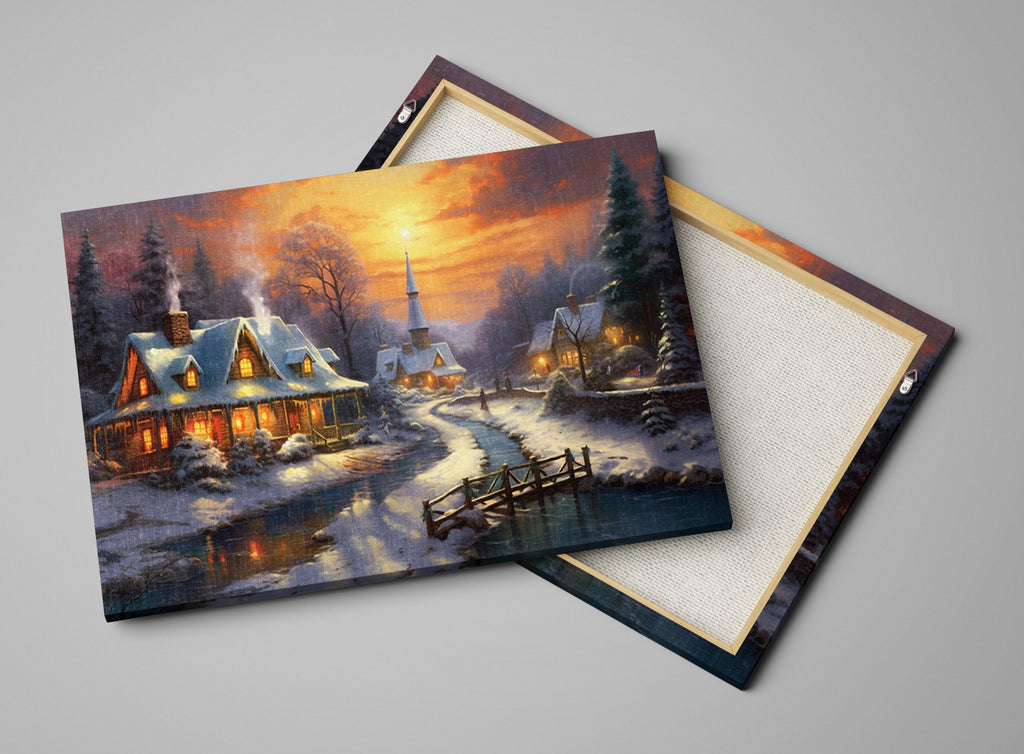 Christmas Canvas Art – Snowy Village Rustic Winter Landscape Print on Gallery Wrapped Canvas