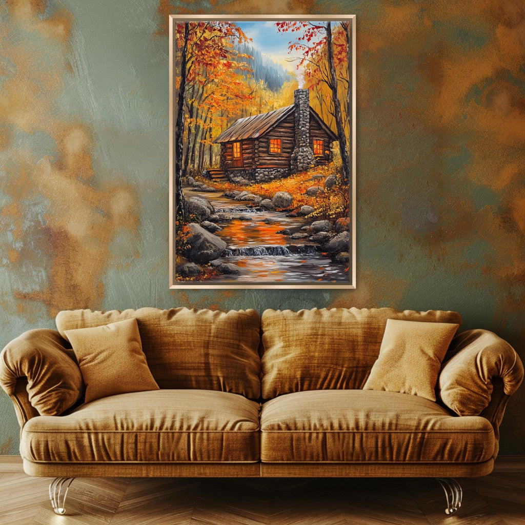 a cozy cabin nestled in a picturesque autumn landscape, with a stream running through the scene. The cabin is surrounded by vibrant fall foliage, creating a warm and inviting atmosphere. The cabin is situated on a hill, with a small stream flowing nearby. The cabin is surrounded by trees, adding to the natural beauty of the scene. The cabin is the focal point of the image, drawing the viewer's attention to its rustic charm and the serene setting.
