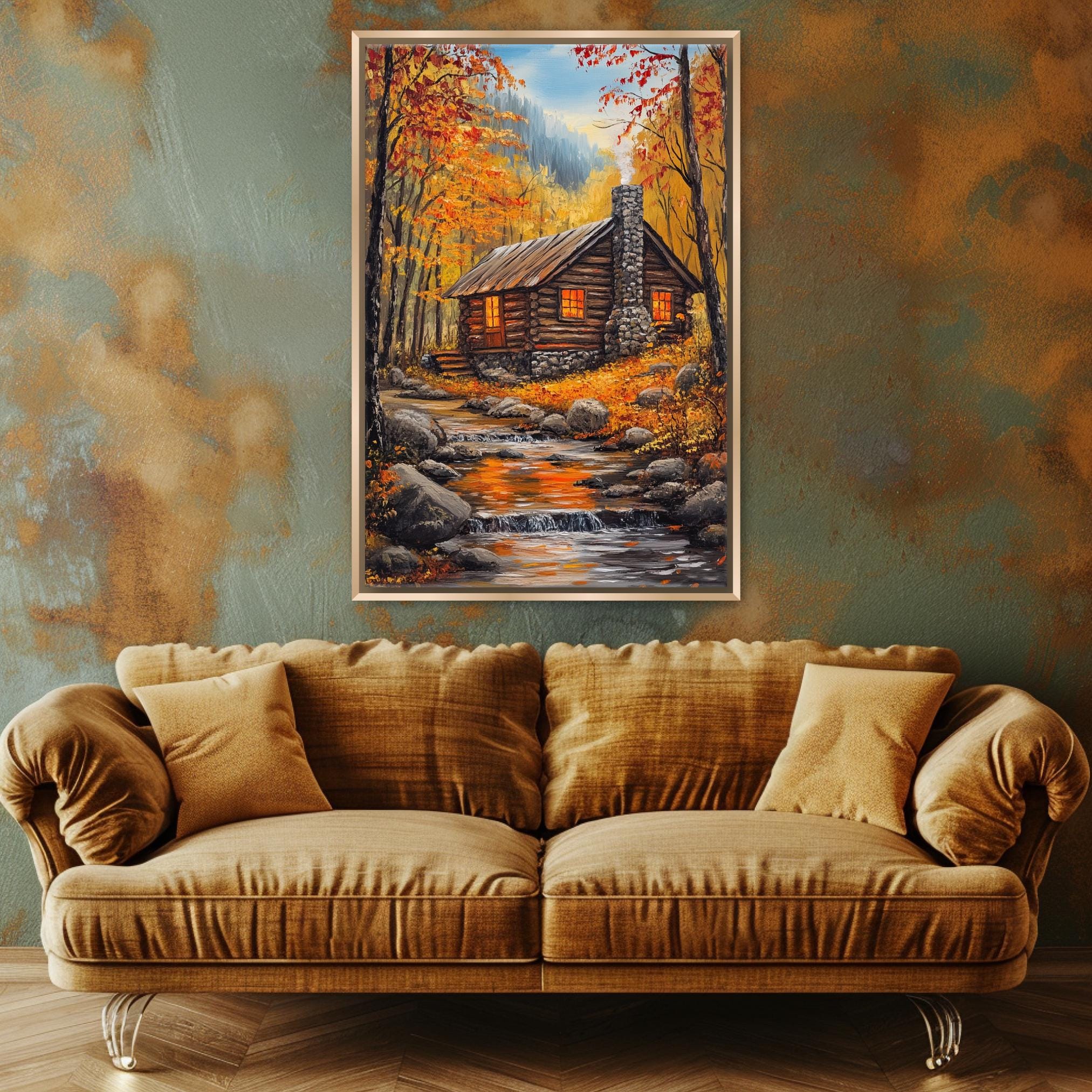 a cozy cabin nestled in a picturesque autumn landscape, with a stream running through the scene. The cabin is surrounded by vibrant fall foliage, creating a warm and inviting atmosphere. The cabin is situated on a hill, with a small stream flowing nearby. The cabin is surrounded by trees, adding to the natural beauty of the scene. The cabin is the focal point of the image, drawing the viewer's attention to its rustic charm and the serene setting.