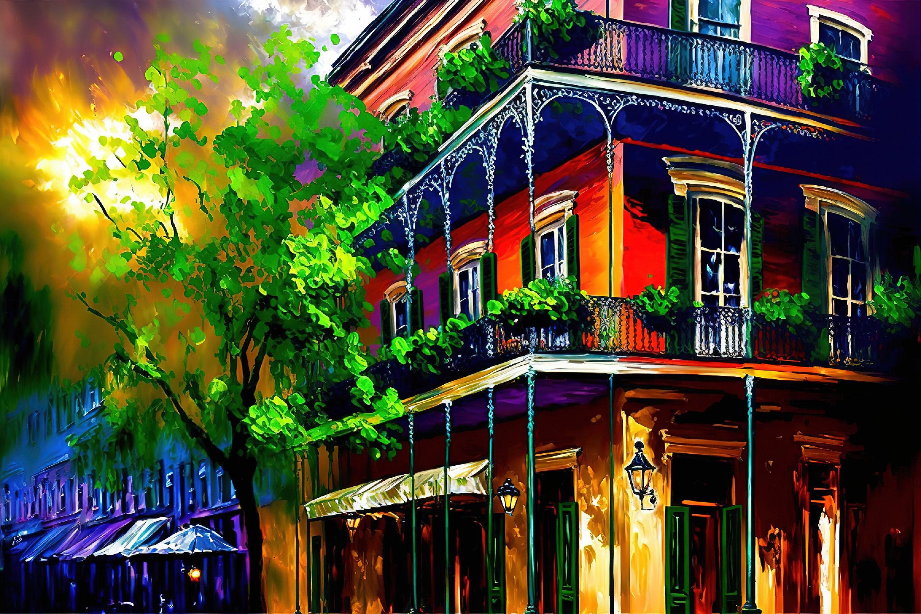 New Orleans Canvas Art – French Quarter Painting | Bourbon Street Balcony Decor