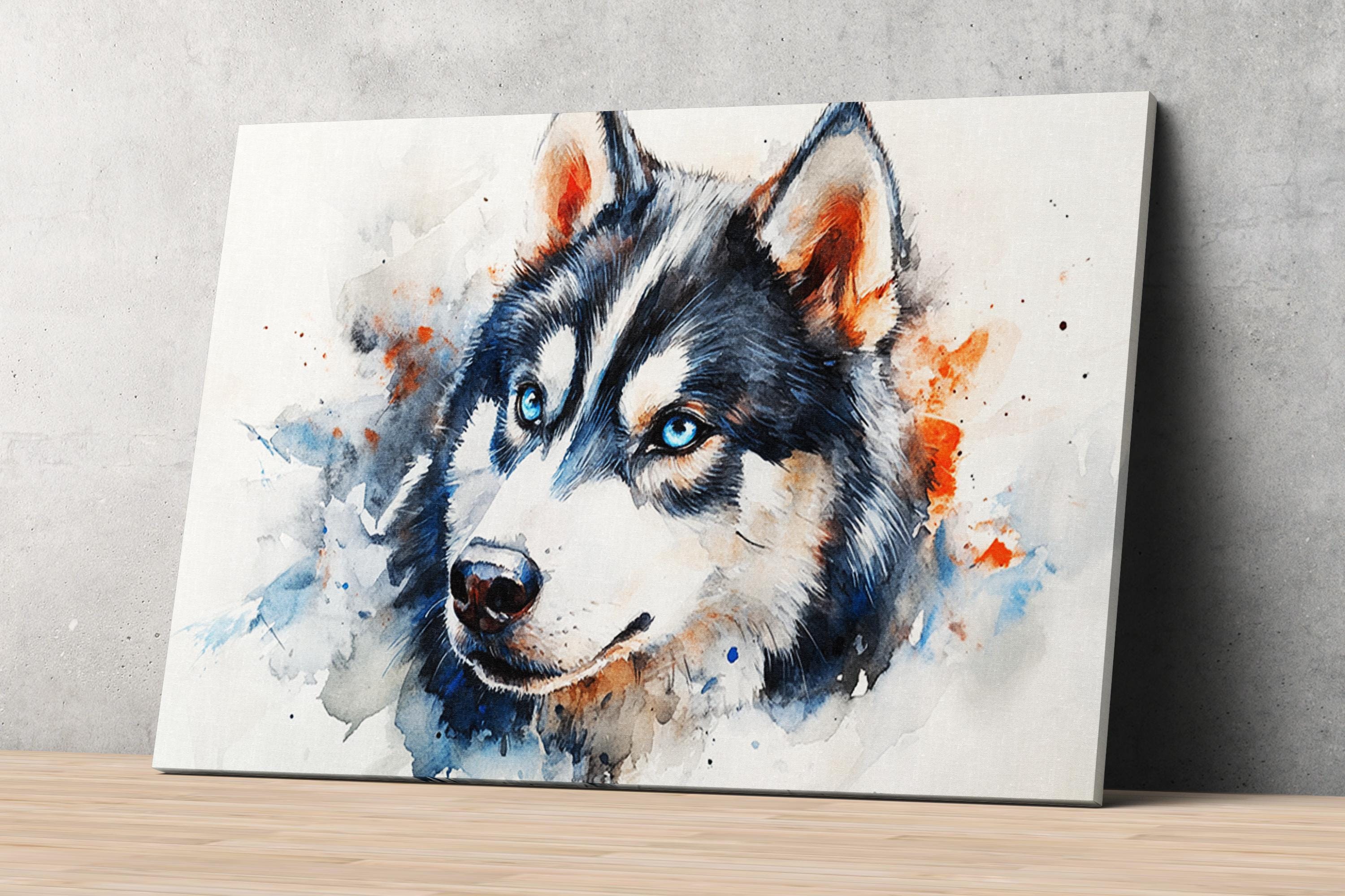 The image is a painting of a husky dog with striking blue eyes and a black and white fur pattern.