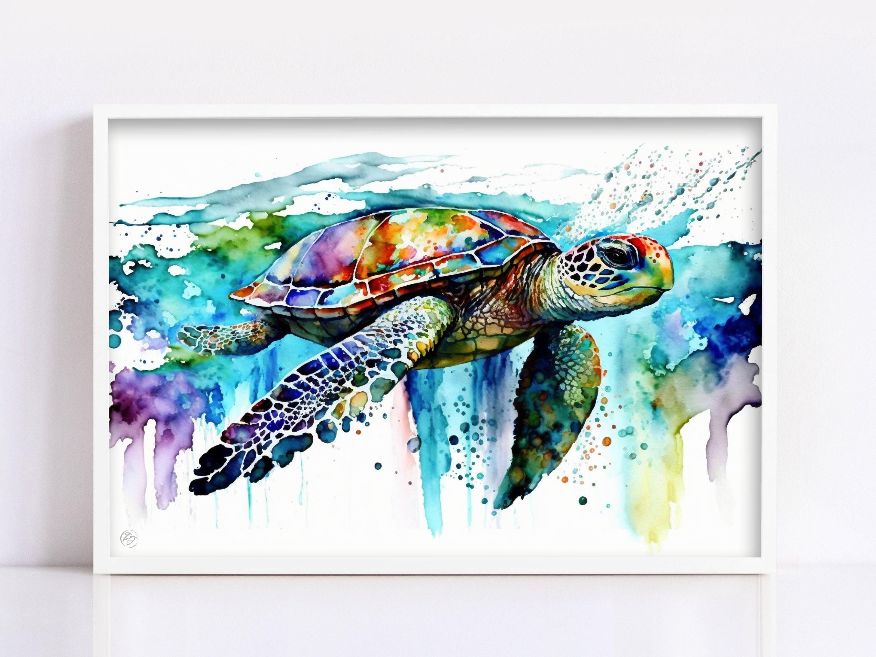 Coastal Serenity: Watercolor Sea Turtle Wall Decor, Giclee Print on Canvas, Artist Paper, Watercolor Paper, Available in Extra Large Sizes