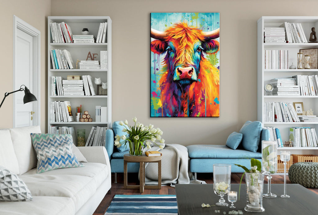 Highland Cow Painting – Watercolor Canvas Print | Colorful Cow Art on Large Canvas