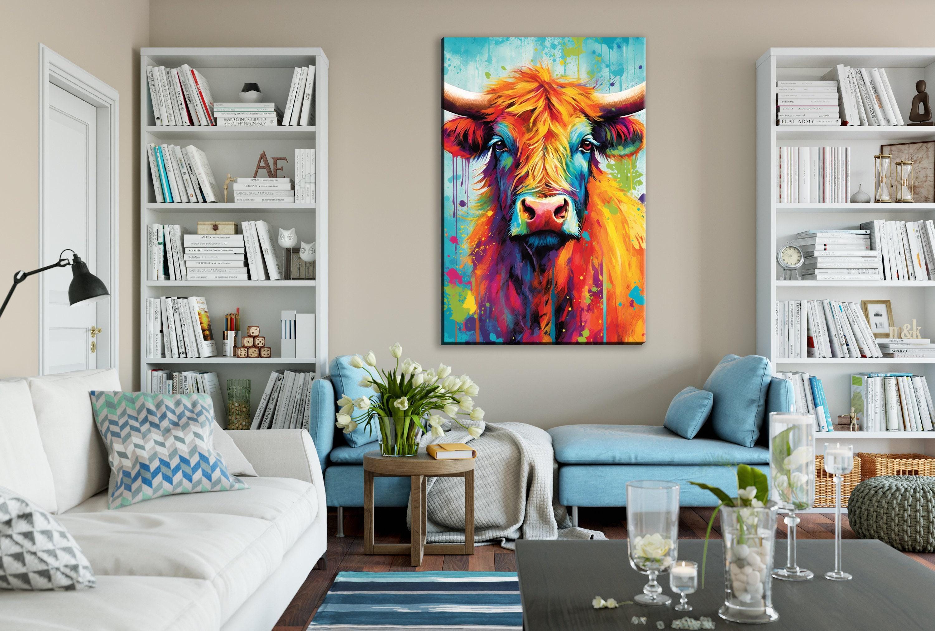 Highland Cow Painting – Watercolor Canvas Print | Colorful Cow Art on Large Canvas