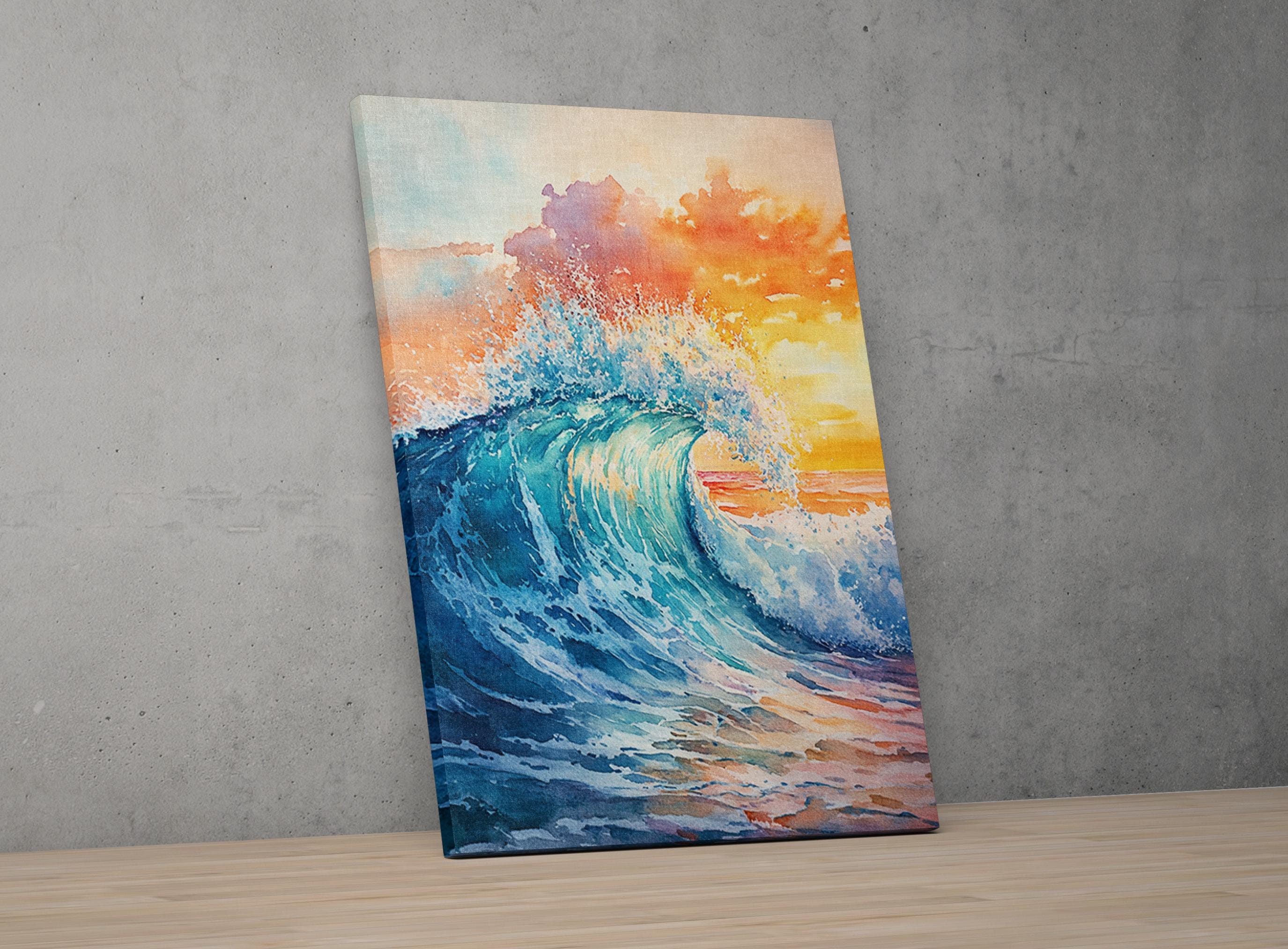 a vibrant and colorful painting of a large, crashing wave against a backdrop of a sunset sky.