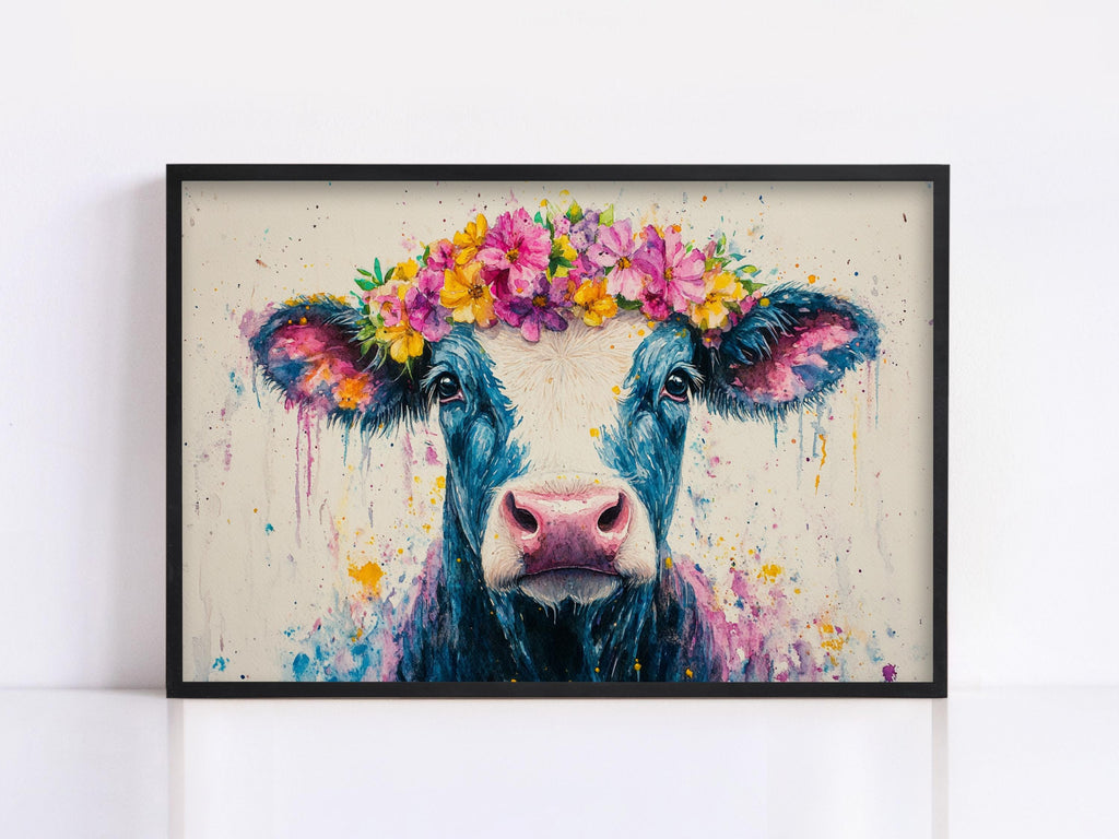 A framed painting of a cow with a colorful flower crown on its head.