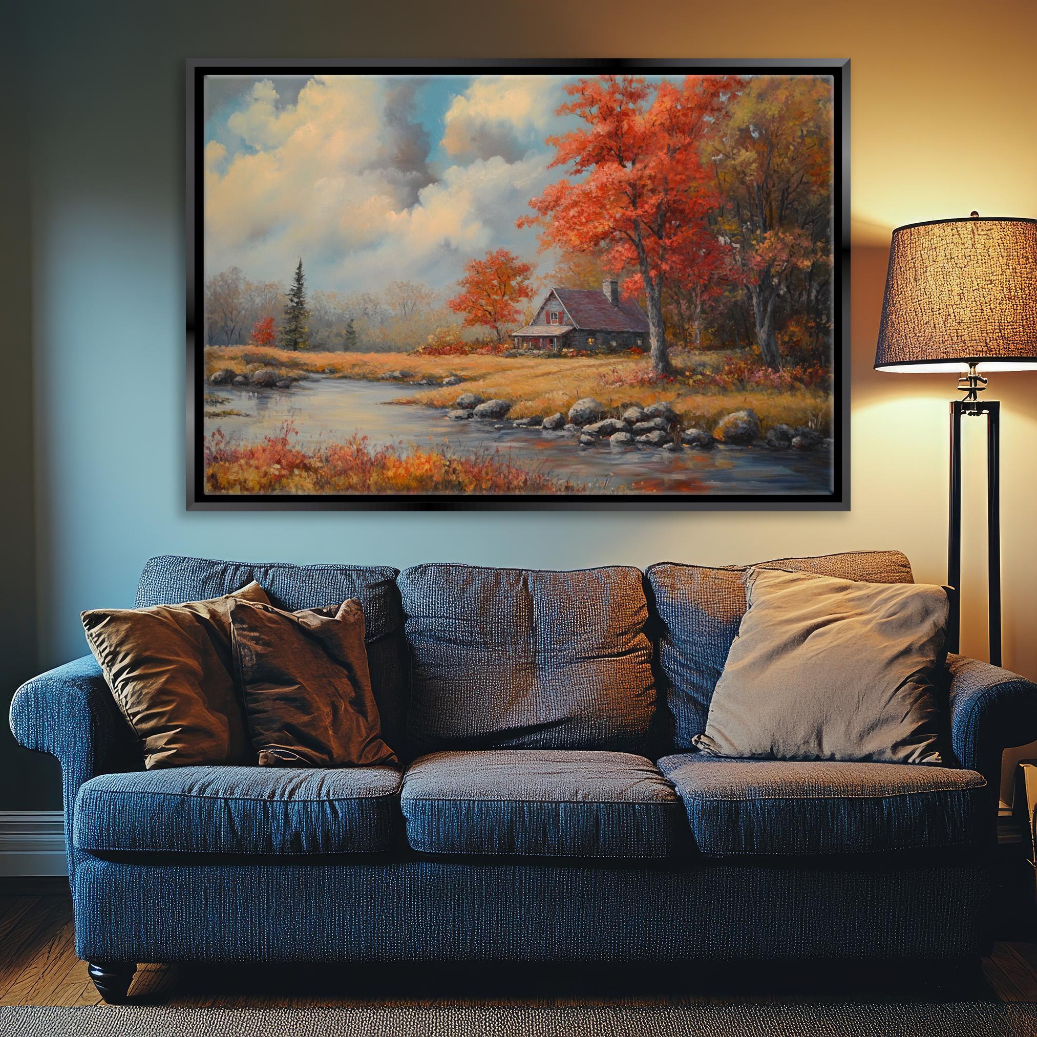 Fall Scene Wall Art – Extra Large Framed Canvas Print | Rustic Farmhouse Decor