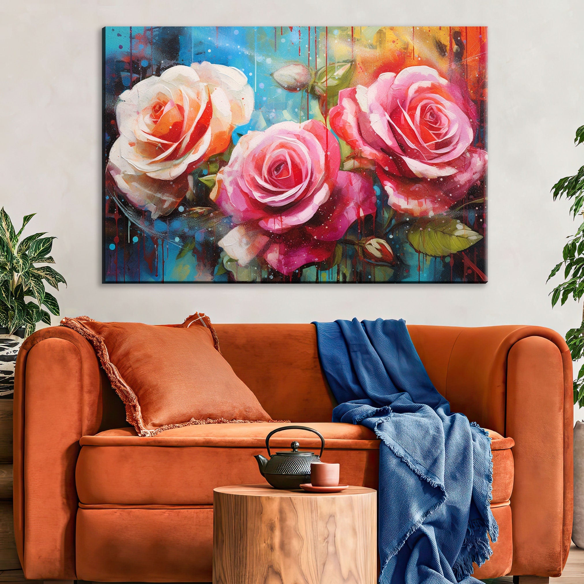 Pink and White Roses Canvas | Large Floral Wall Decor with Vibrant Alcohol Ink Style