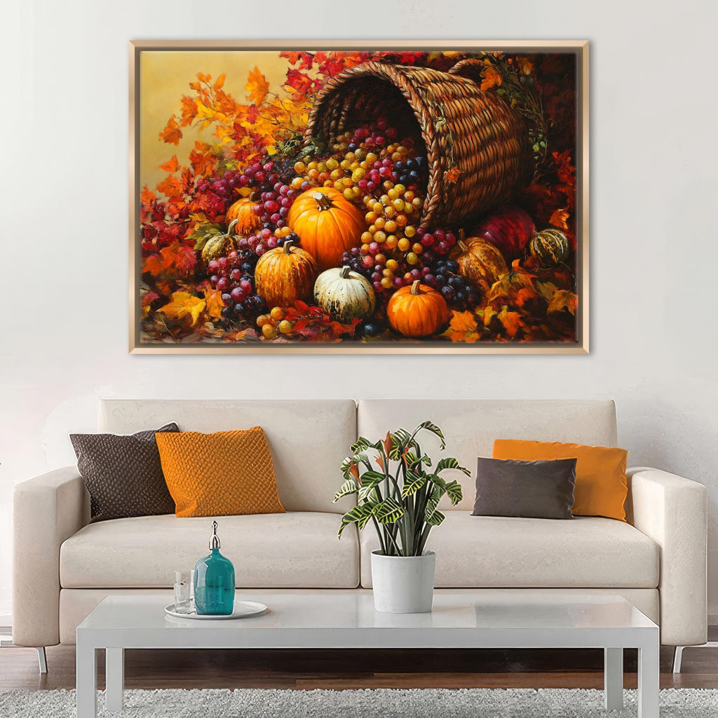 a cozy living room with a white sofa adorned with orange and brown throw pillows. Above the sofa, a large painting of a basket overflowing with a variety of fruits, including pumpkins, grapes, and apples, creates a warm and inviting atmosphere. The painting is framed and hangs on the wall, serving as a focal point in the room.
