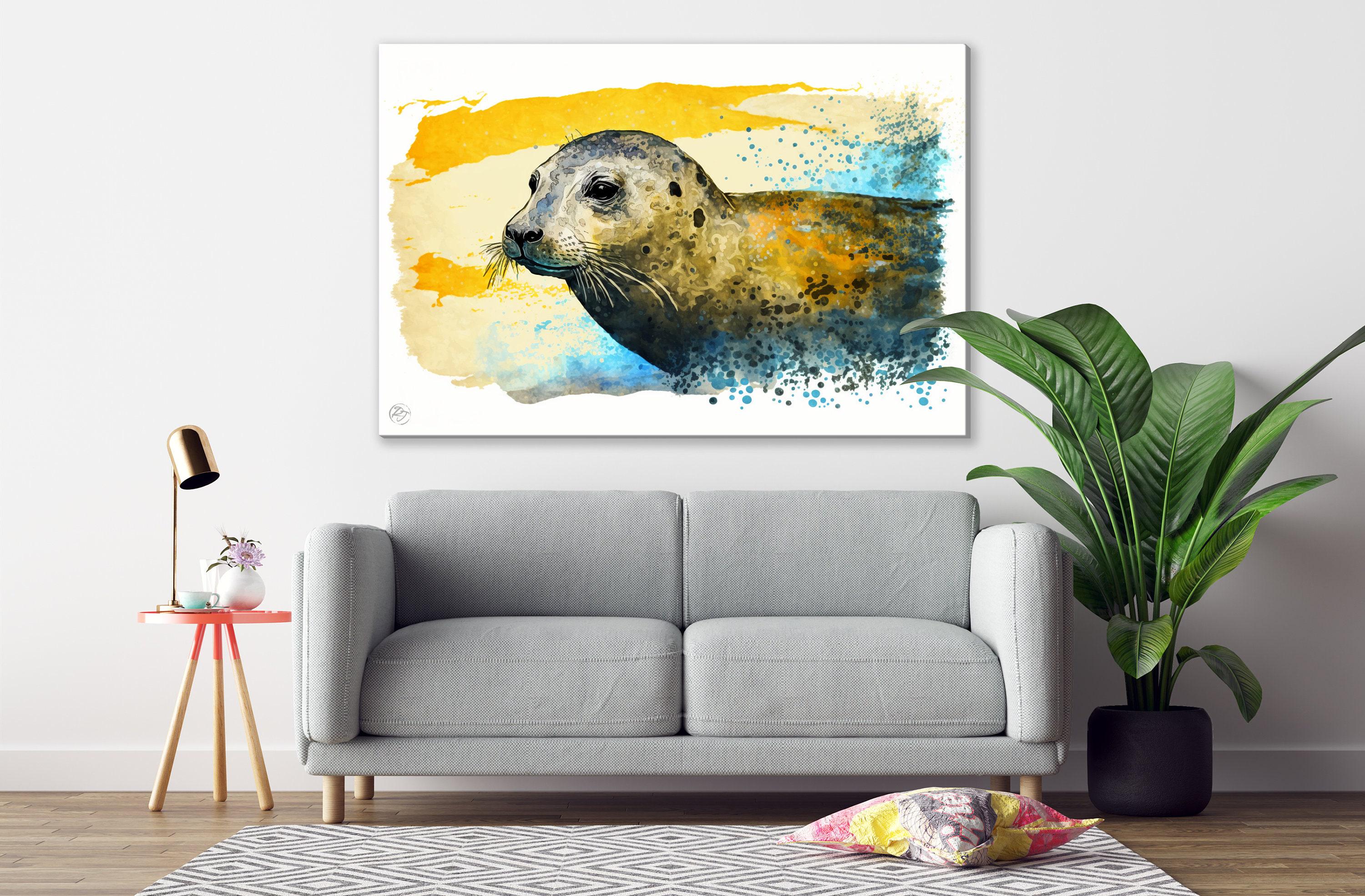 Coastal Guardian: Watercolor Seal Wall Art Print, Giclee Print on Canvas, Artist Paper, Watercolor Paper, Available in Extra Large Sizes
