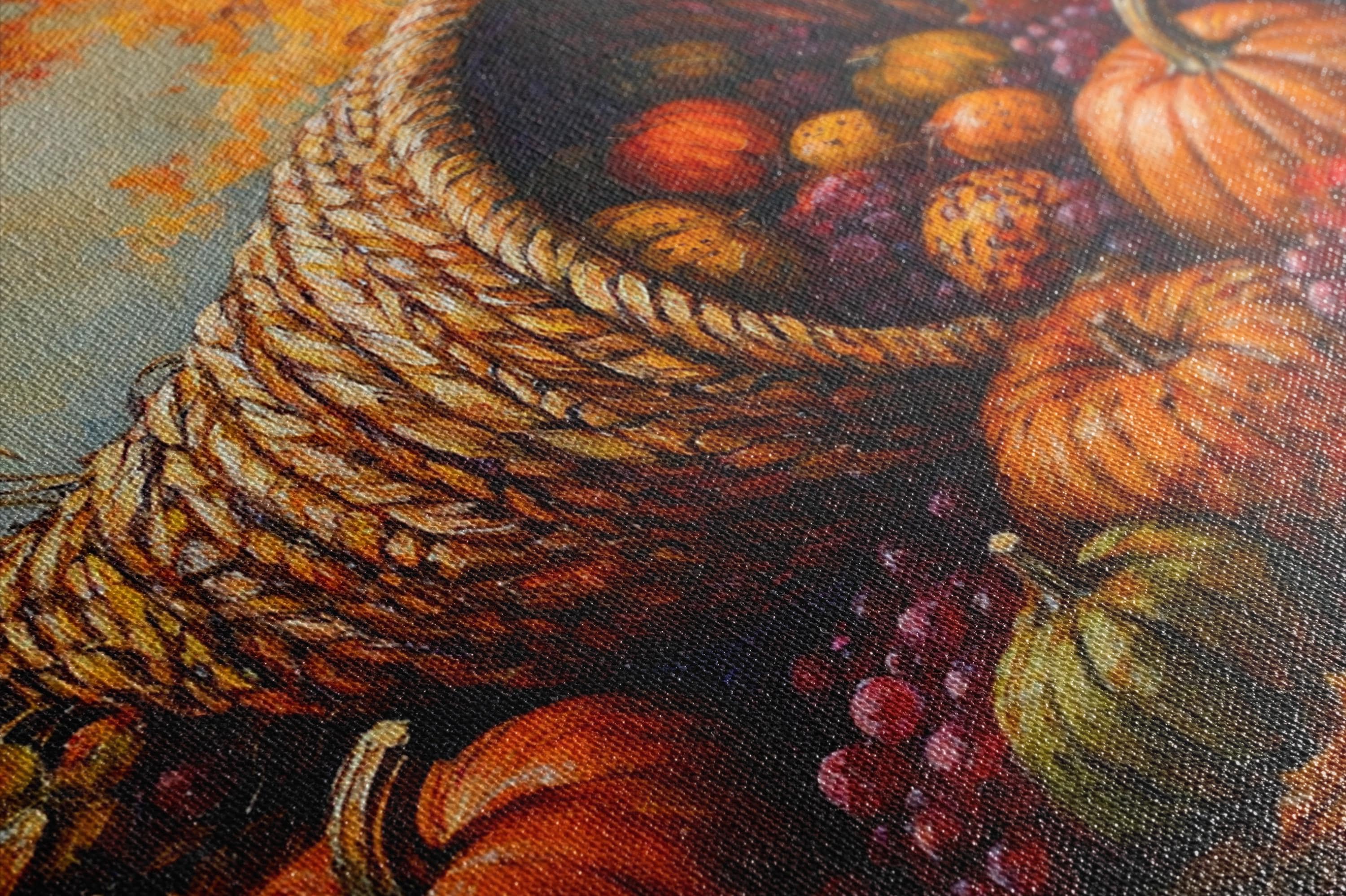 a basket filled with various fruits, including apples, oranges, and grapes, creating a vibrant and colorful still life painting.