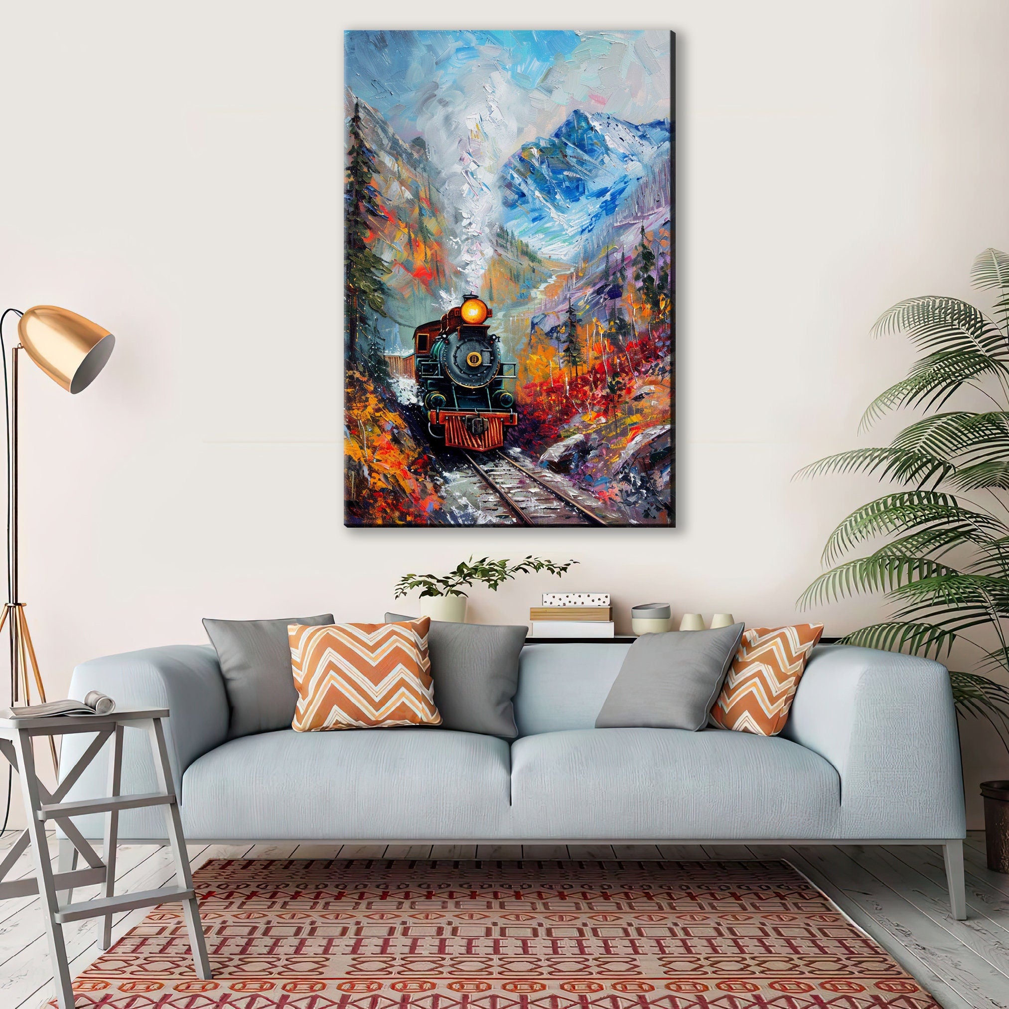 Train Station Canvas - Vintage Train Art | Fall Mountain Painting on Gallery Wrapped Canvas