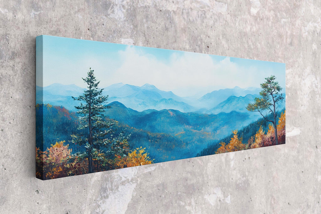 a painting of mountains and trees on a wall